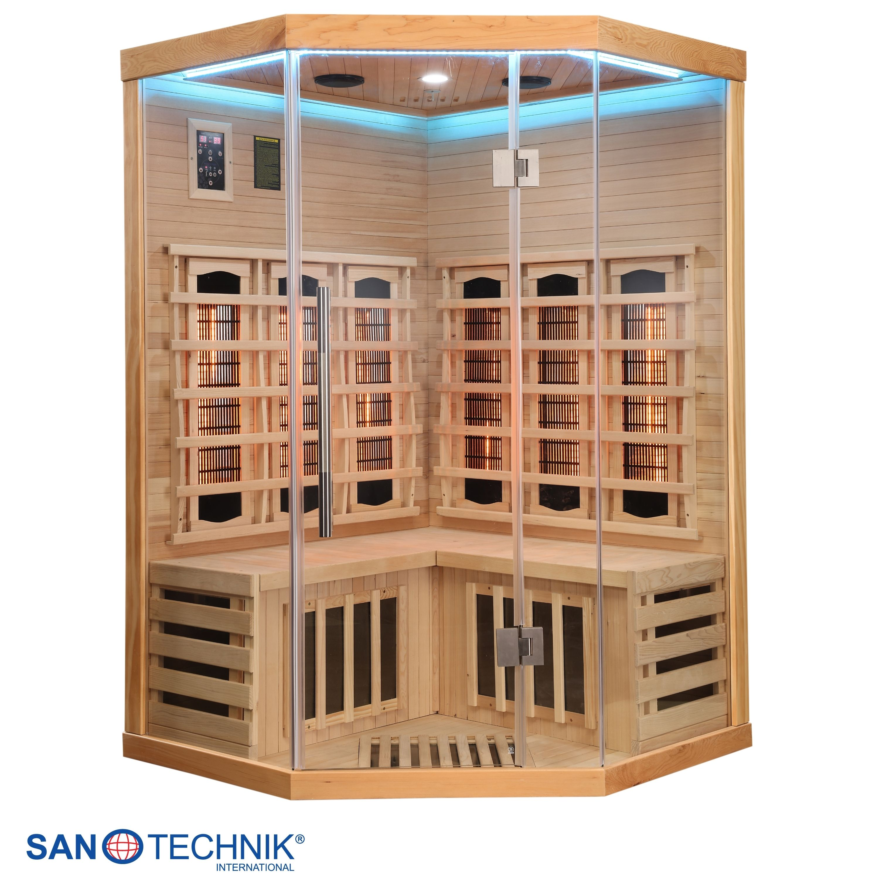 Eine Eck-Sauna aus Holz mit Glasfront und blauer Beleuchtung.