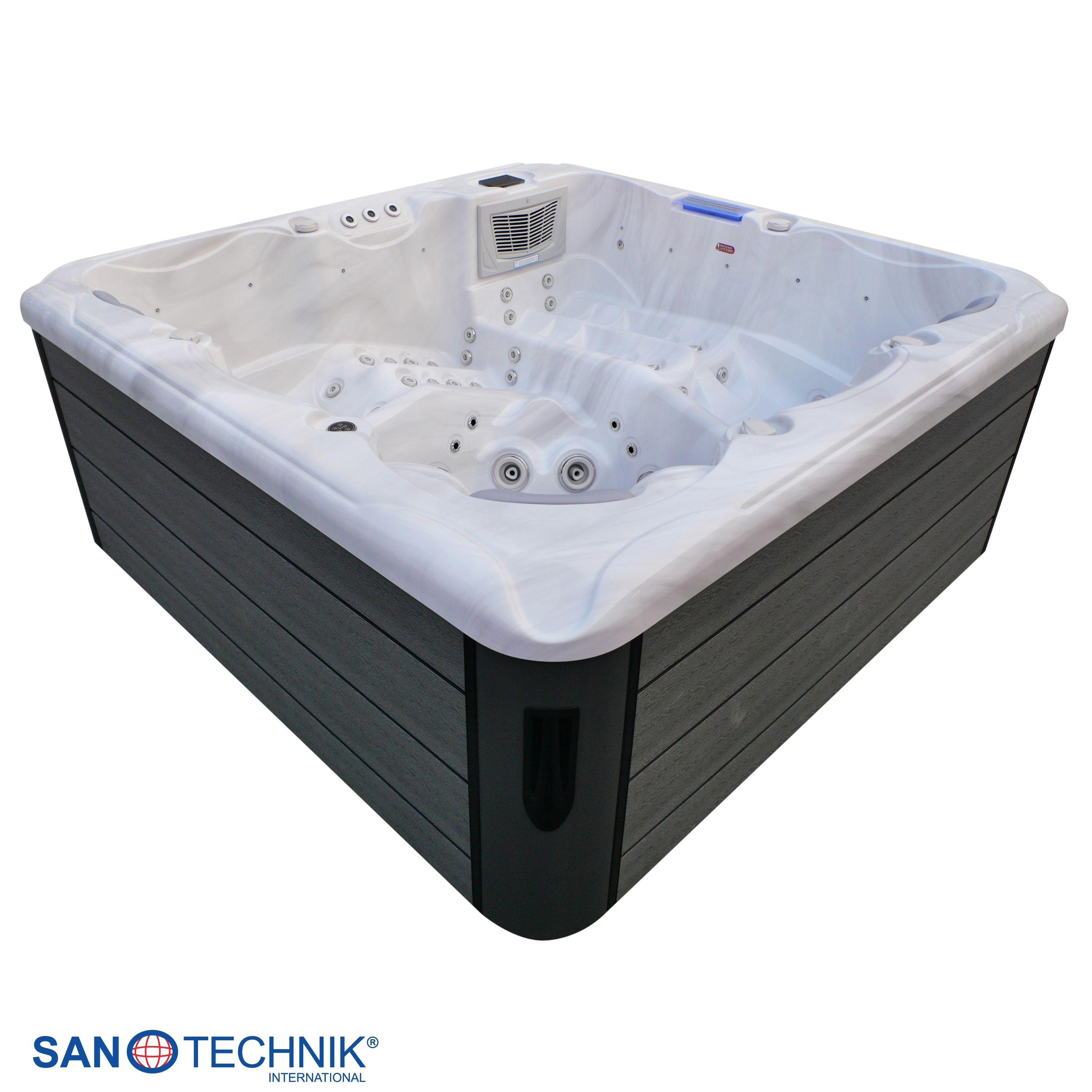 Ein luxuriöses, weißes Eck-Whirlpool mit dunkler Verkleidung und Düsen.