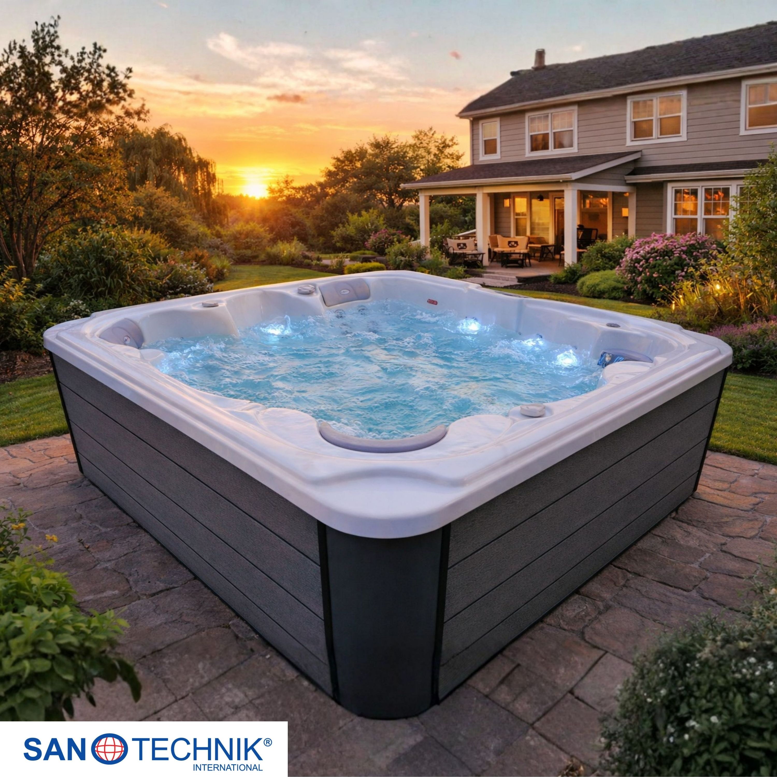 Ein Whirlpool mit sprudelndem Wasser steht bei Sonnenuntergang auf einer Terrasse, im Hintergrund ein Haus.