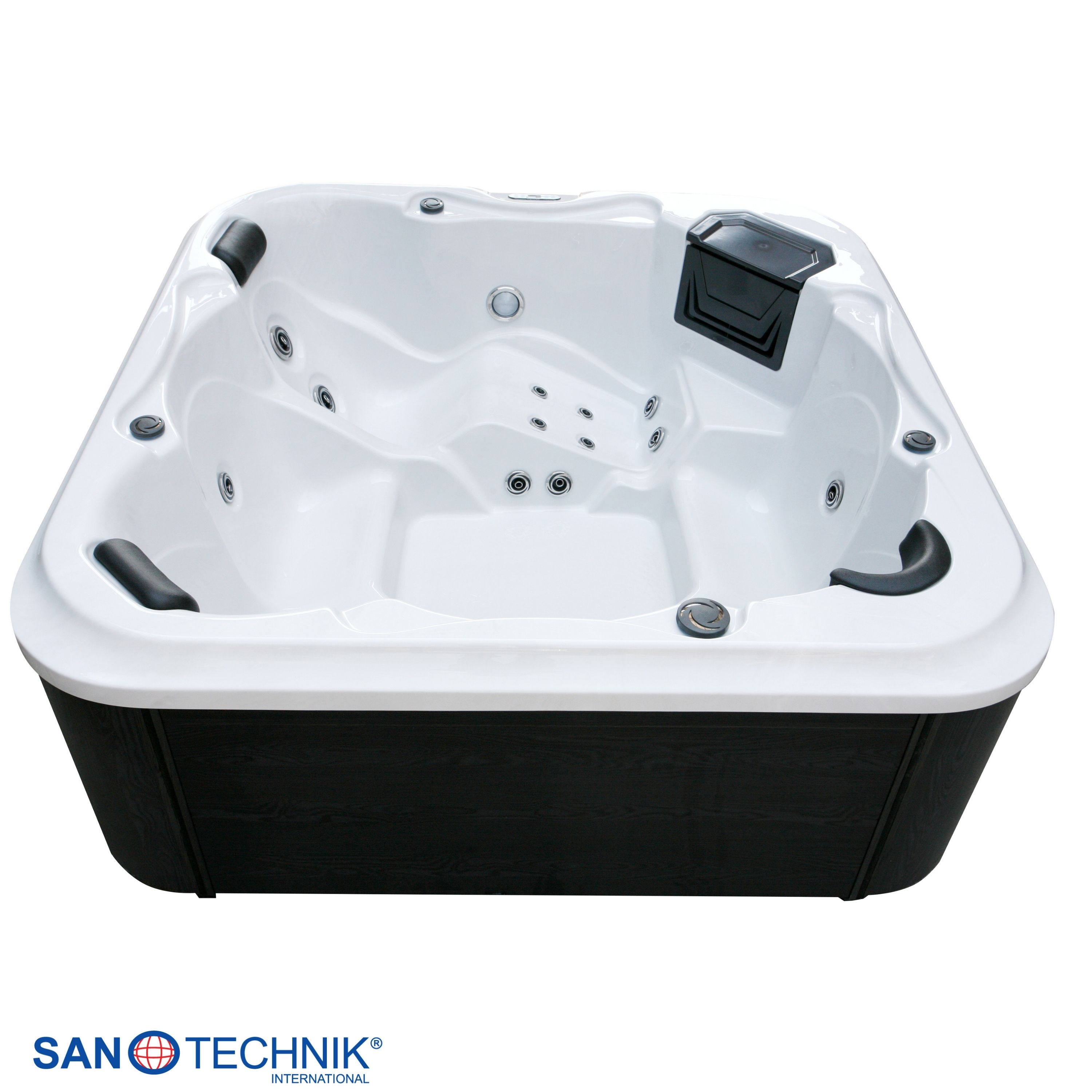 Ein weißer Whirlpool mit schwarzem Sockel und Düsen.