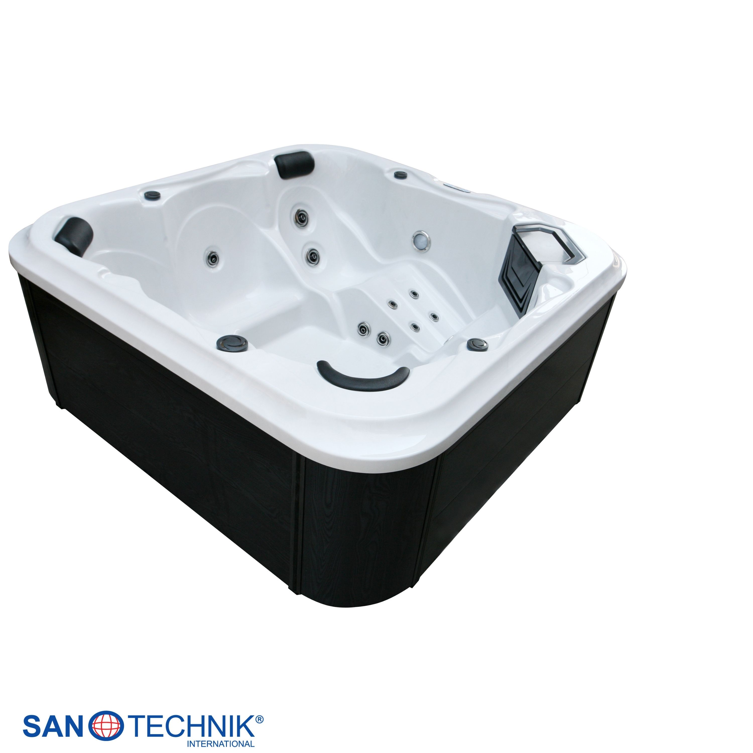 Ein weißer Whirlpool mit dunklem Holzrand und mehreren Düsen.