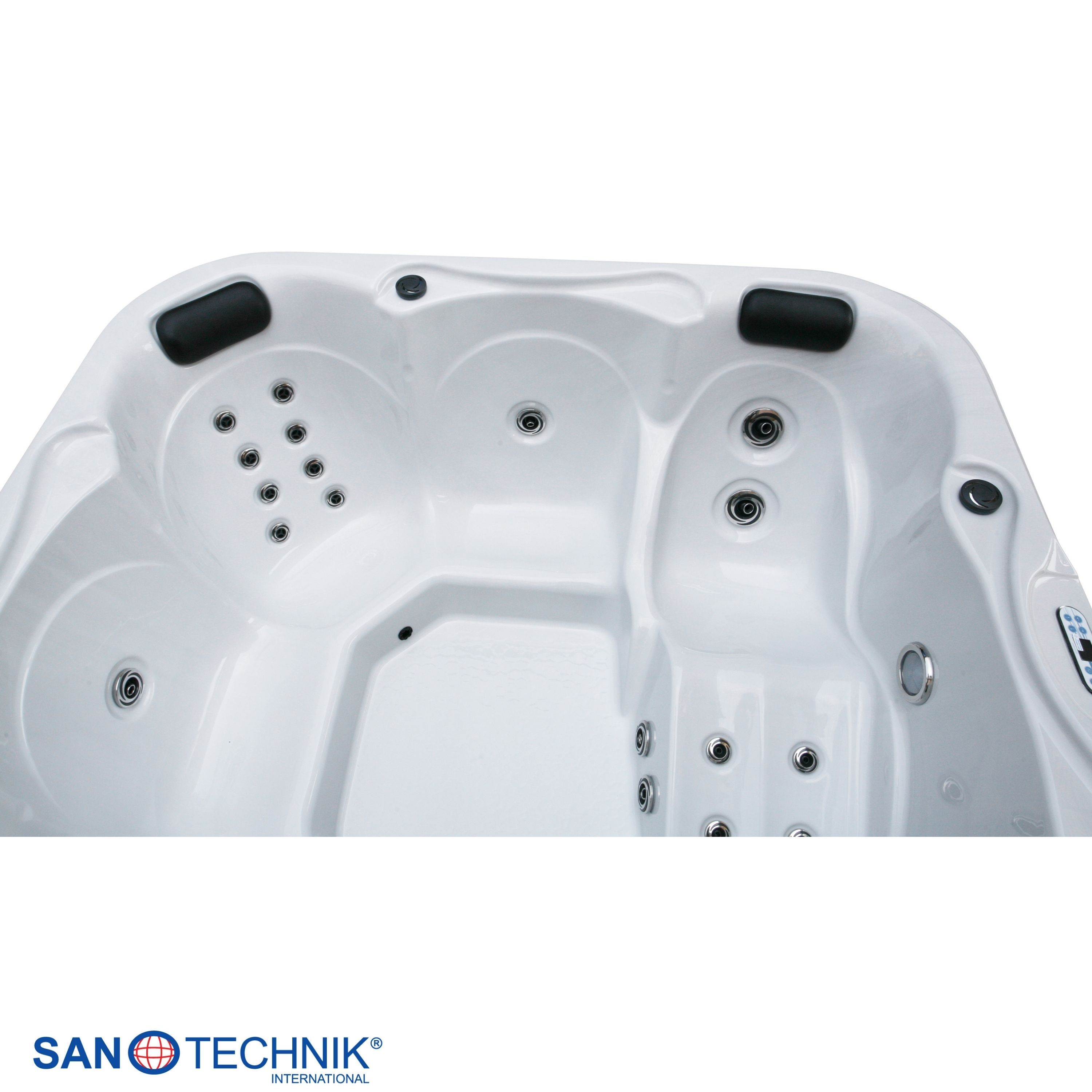 Ein weißer Whirlpool mit schwarzen Kopfstützen und mehreren Düsen.