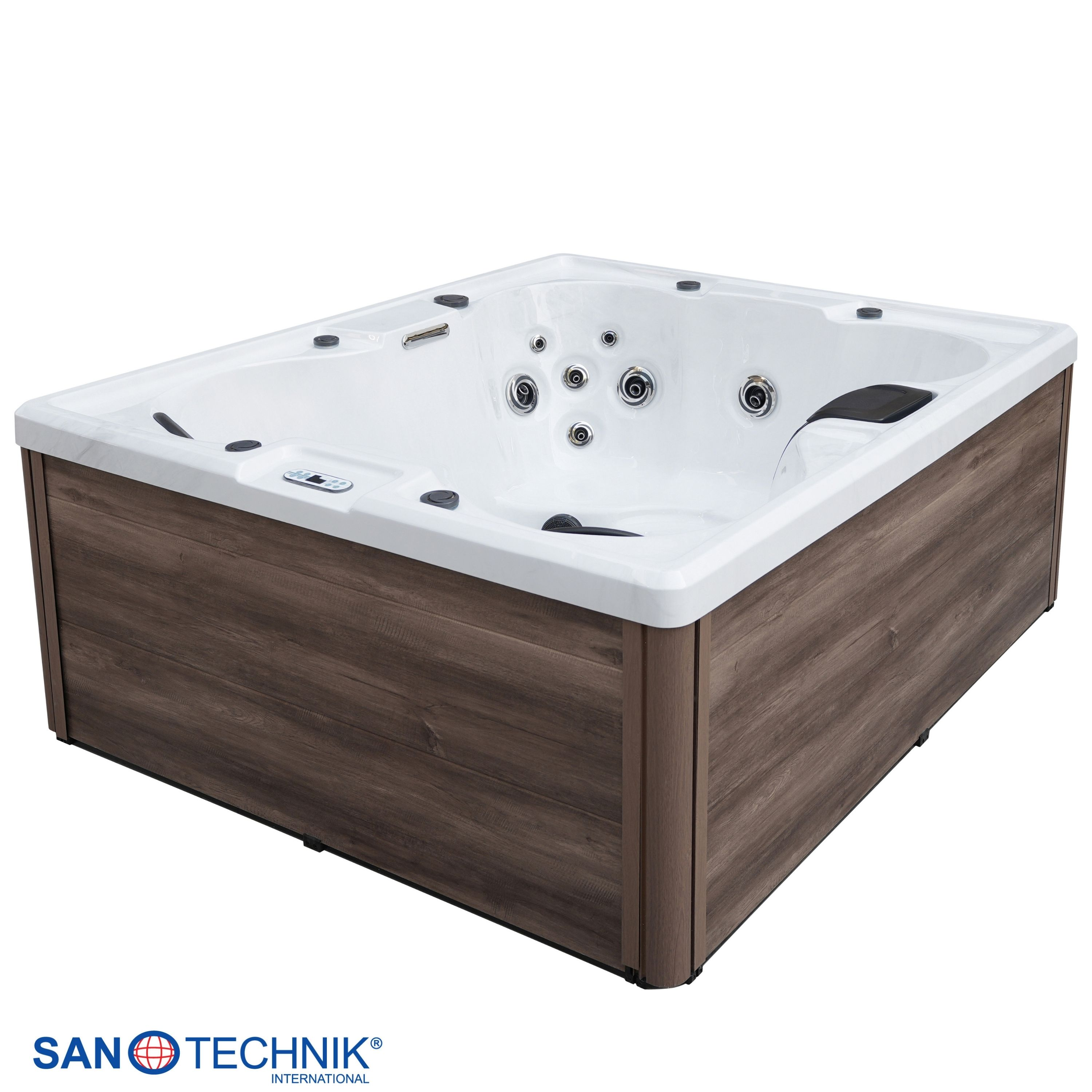 Ein rechteckiger Whirlpool mit Holzverkleidung und weißer Innenseite.