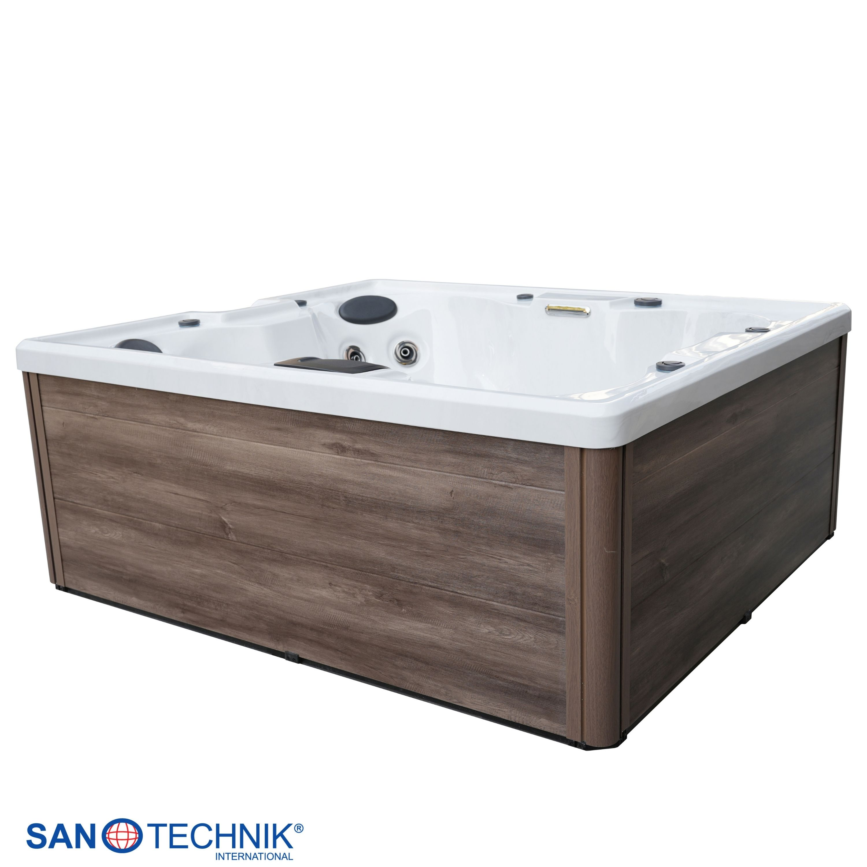 Ein rechteckiger Whirlpool mit Holzakzenten und weißer Innenseite.