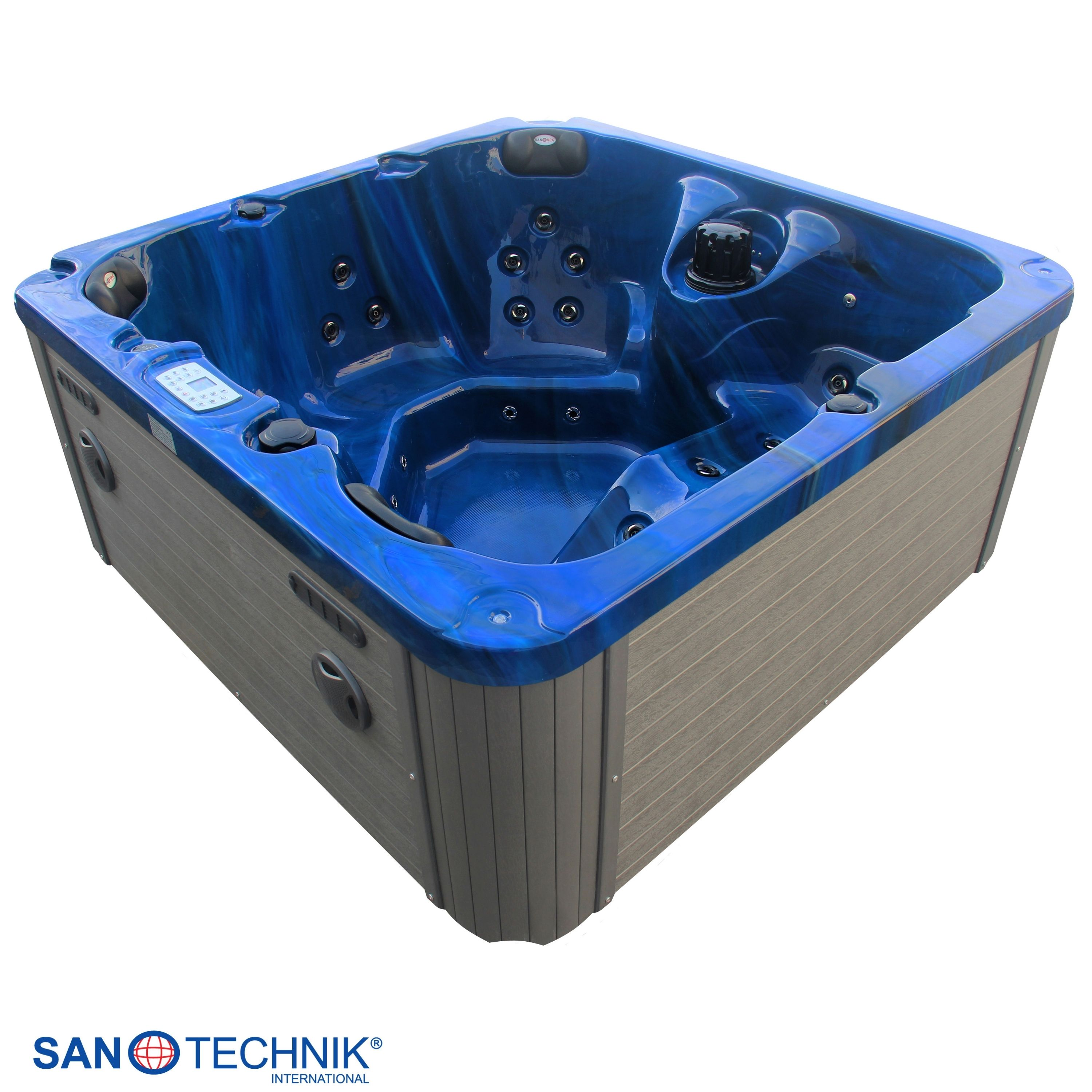 Ein blauer Whirlpool mit grauer Verkleidung und einem Bedienfeld.