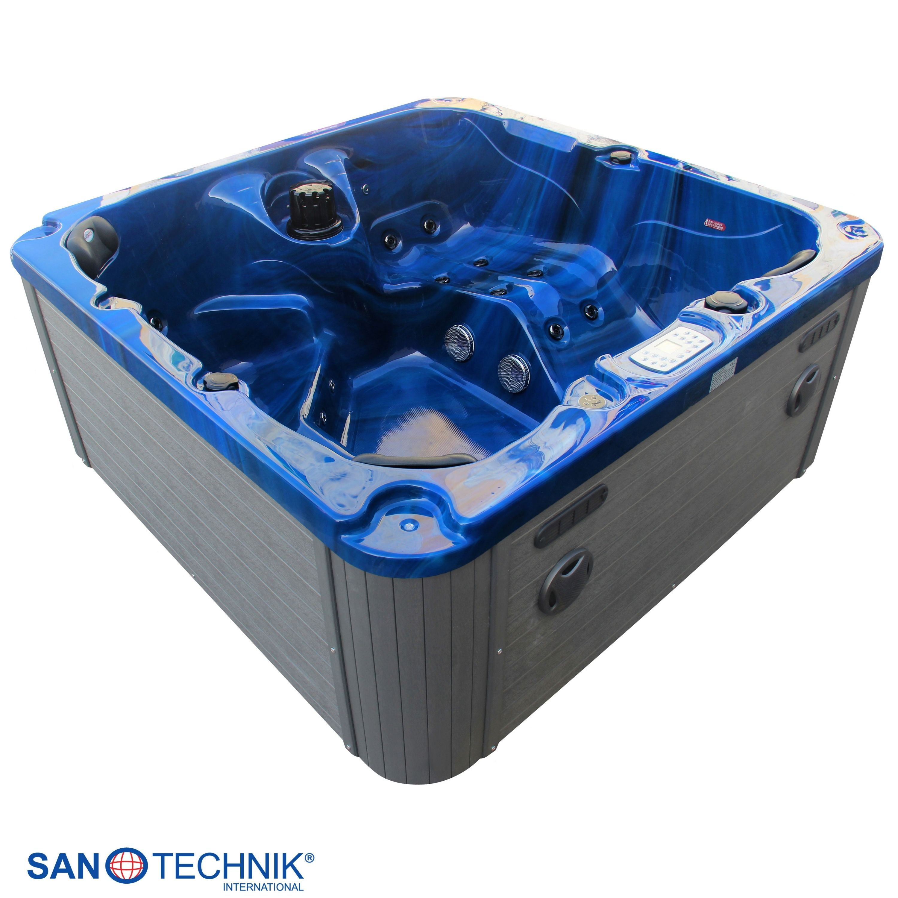 Ein blaues Whirlpool mit grauem Außengehäuse steht vor weißem Hintergrund.