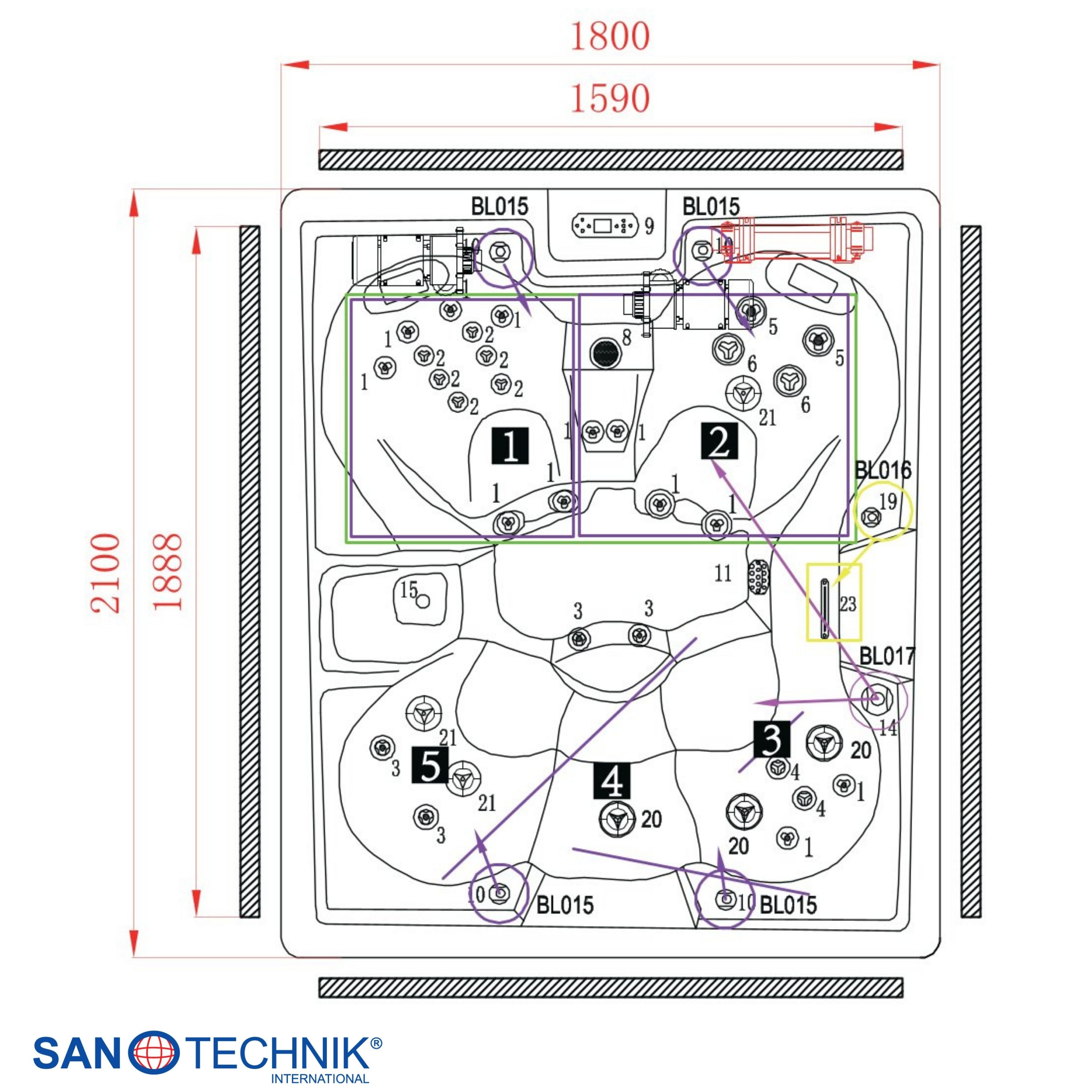 Technische Zeichnung eines Whirlpools mit Maßen und Komponenten.