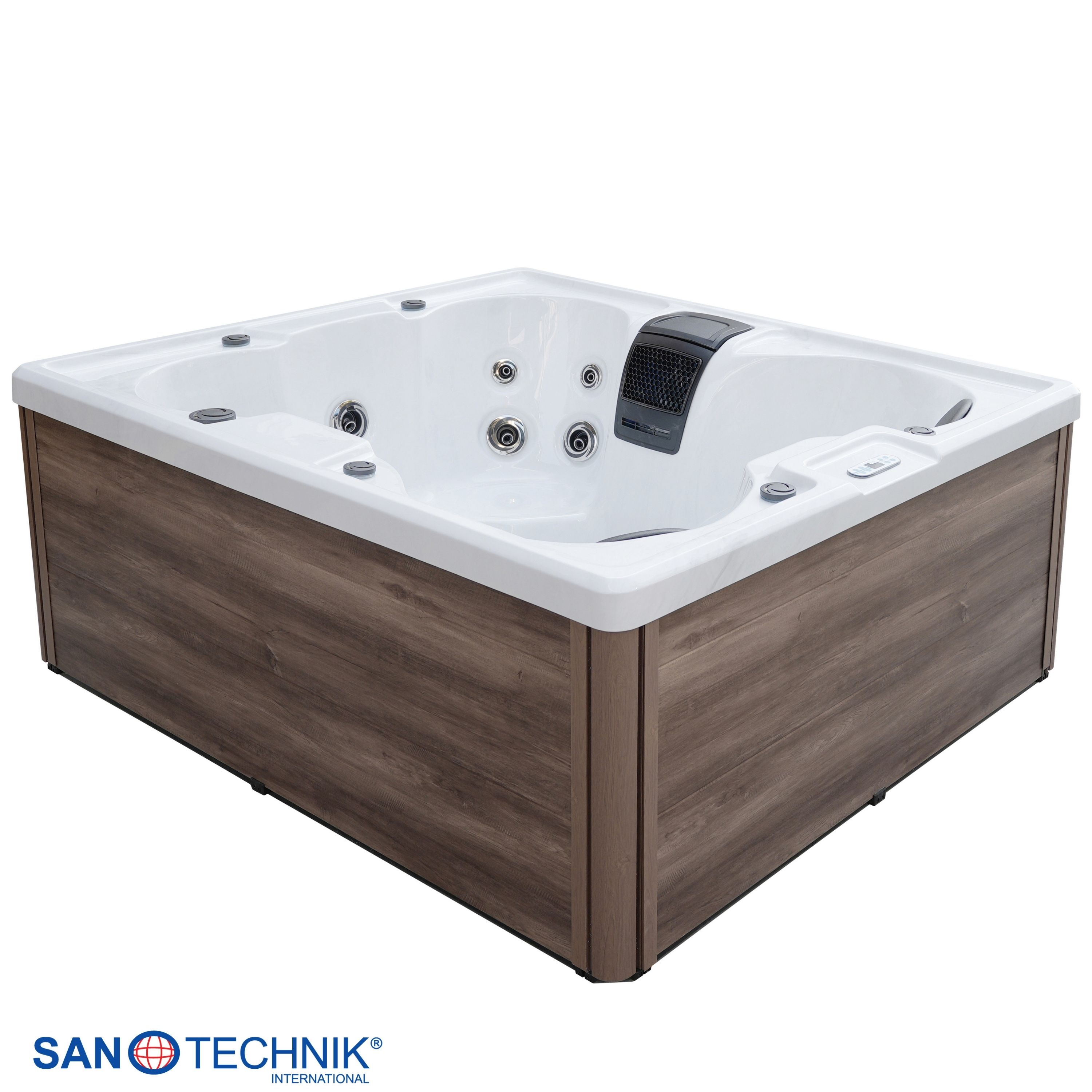 Ein rechteckiger Whirlpool mit Holzverkleidung und weißer Innenseite.