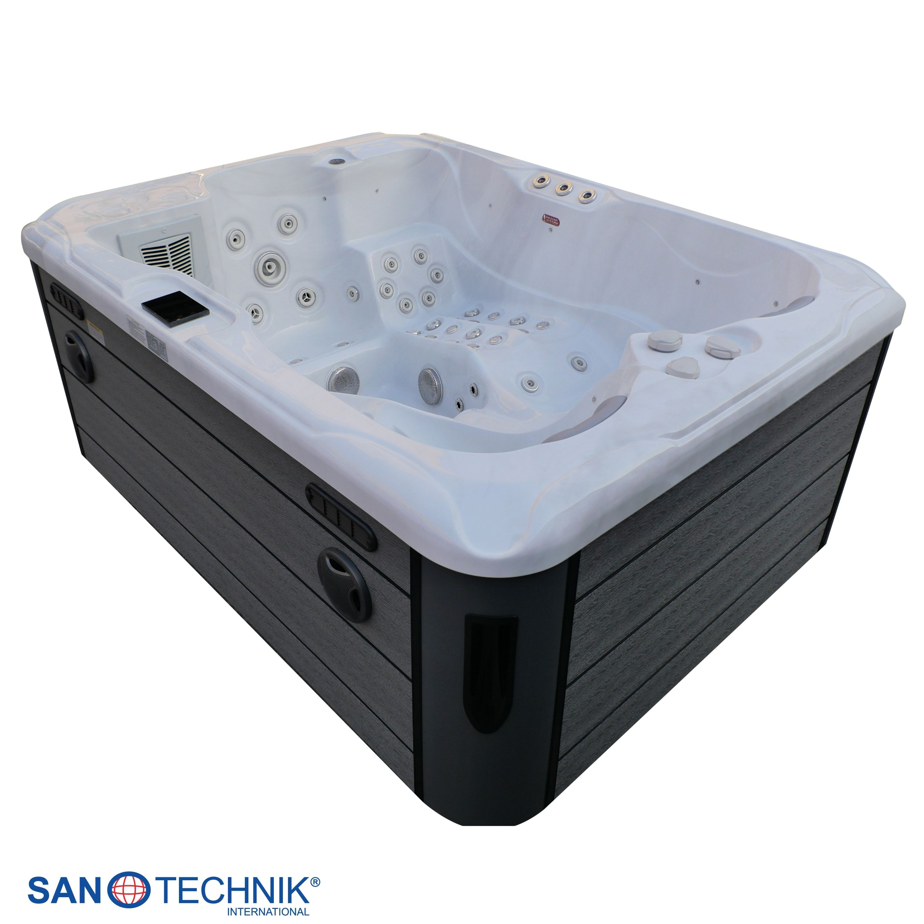 Ein weier Whirlpool mit dunklem Geh¤use und vielen Jets.