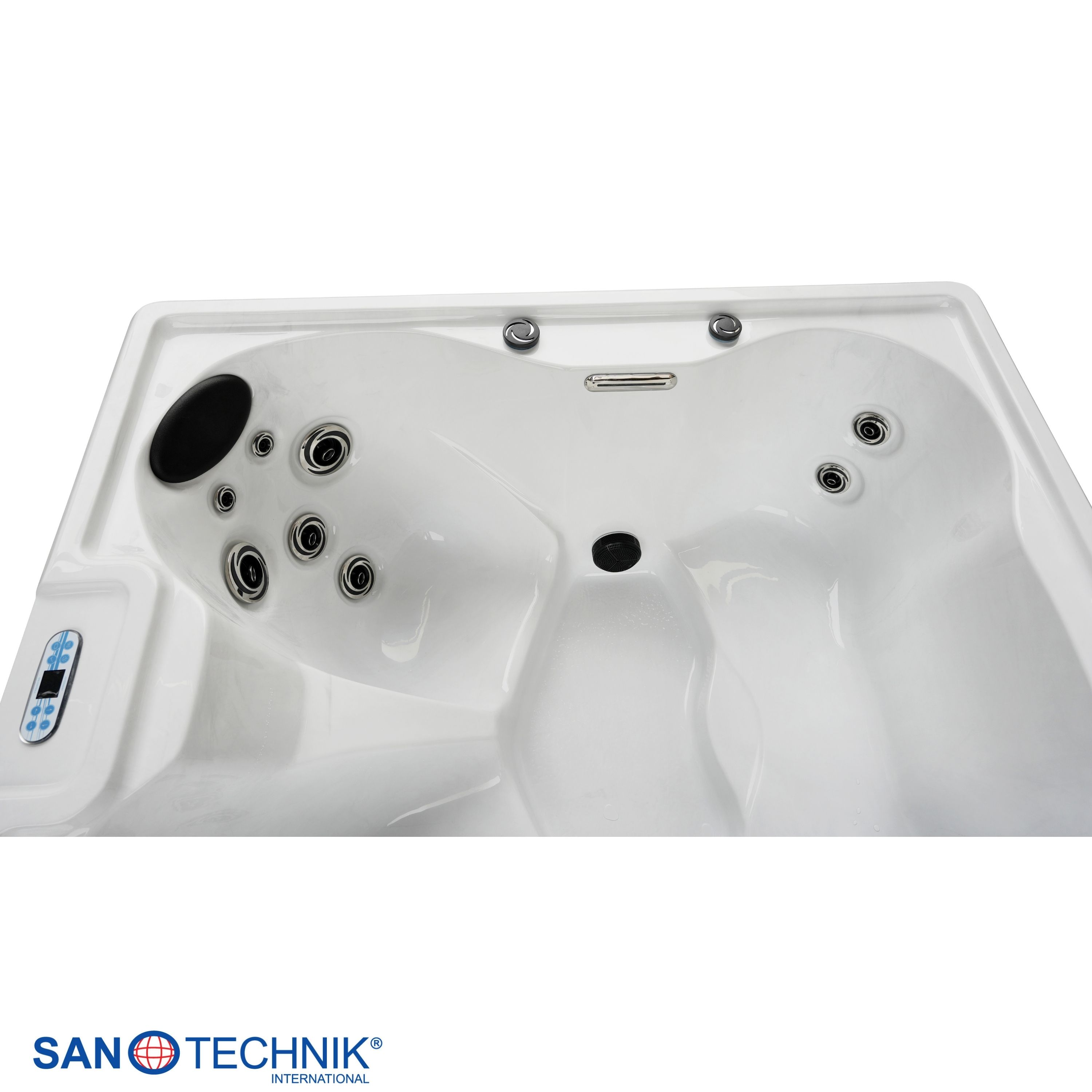 Eine weiße Whirlpool-Wanne mit Düsen und Bedienfeld.