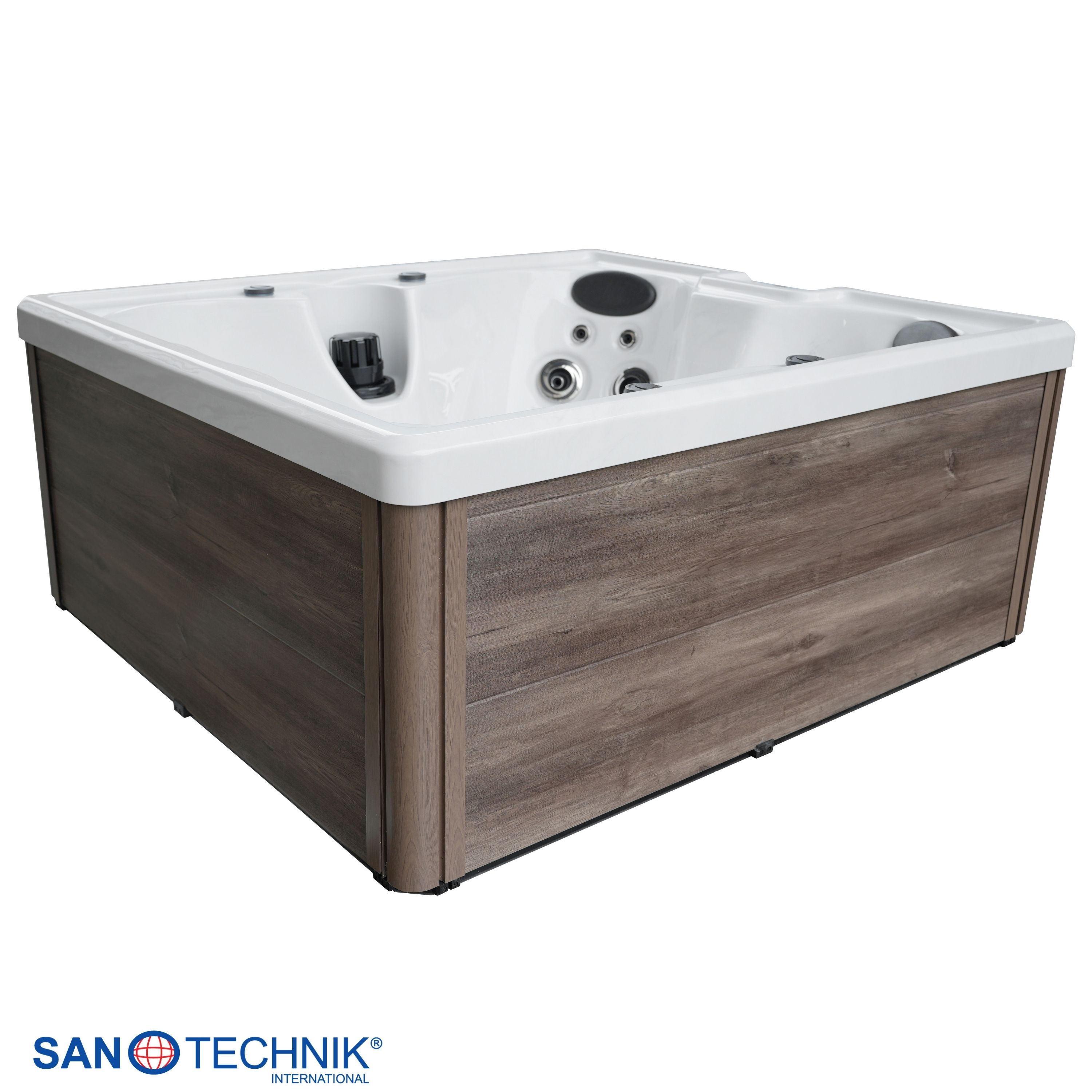 Ein rechteckiger Whirlpool mit Holzoptik-Verkleidung und weißer Innenseite.