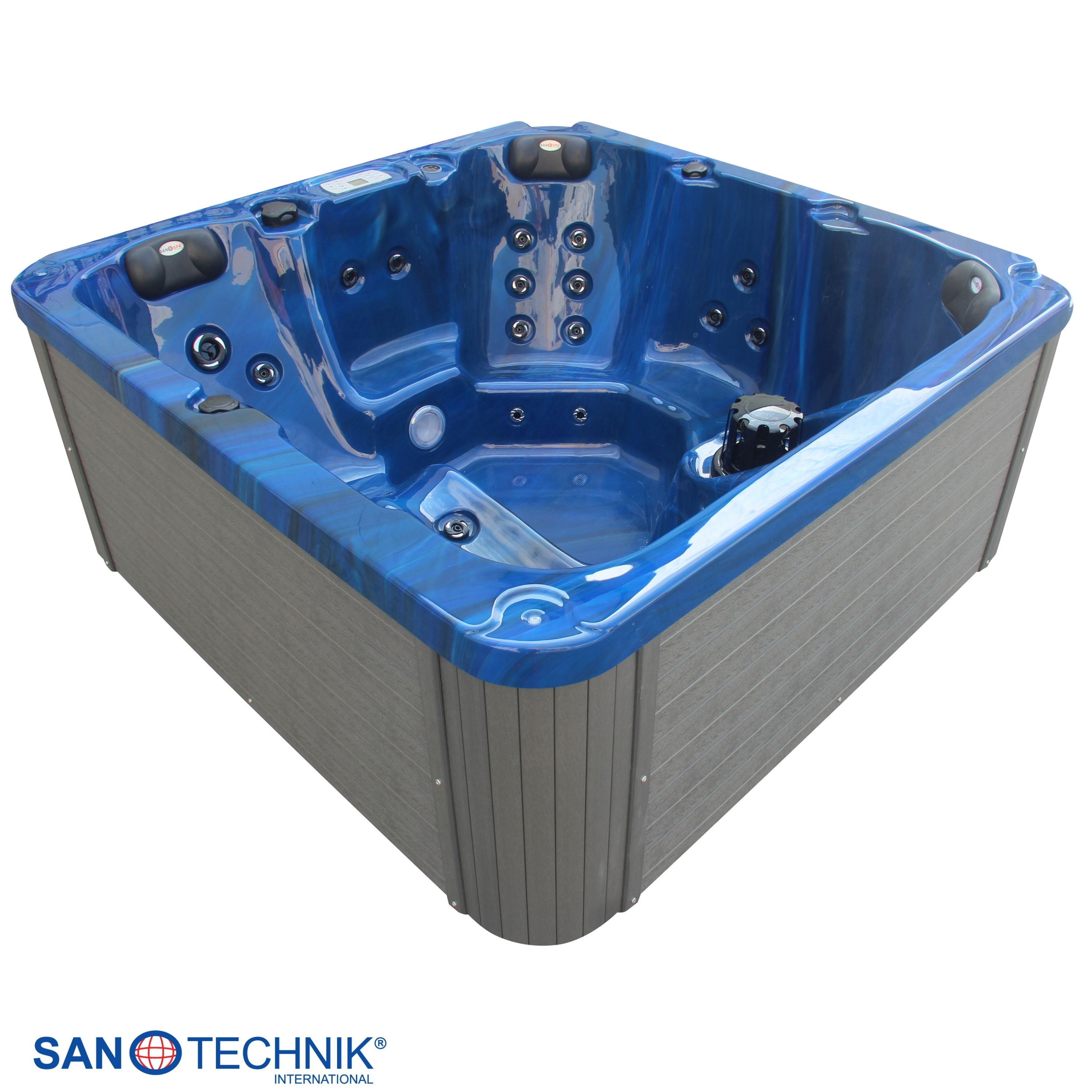 Ein blauer Whirlpool mit grauer Außenverkleidung steht vor weißem Hintergrund.