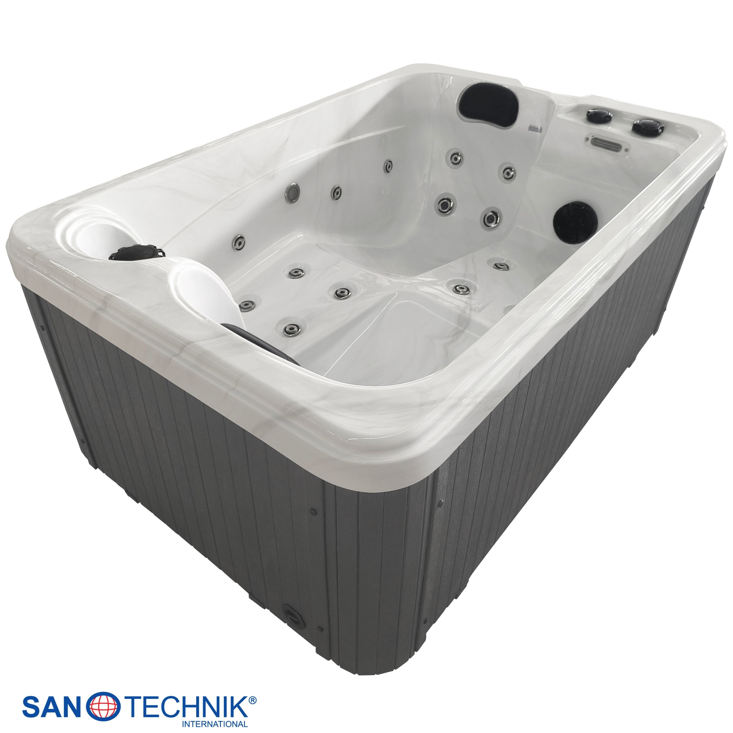 Ein weißer Whirlpool mit grauer Verkleidung und Düsen.