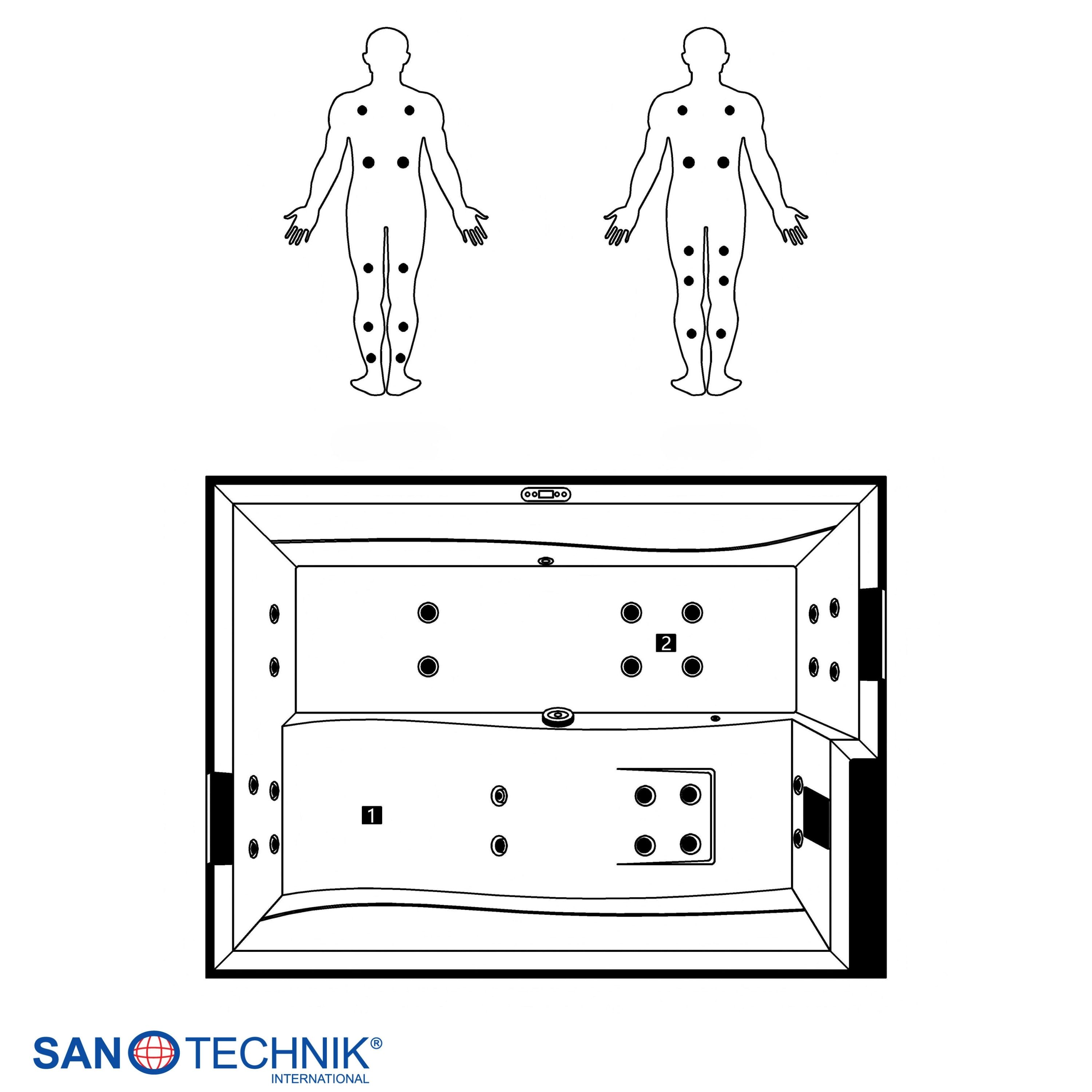 Illustration von zwei menschlichen Silhouetten mit Punkten, die Sitzpositionen zeigen. Unten ist eine Whirlpool-Grundrissansicht.
