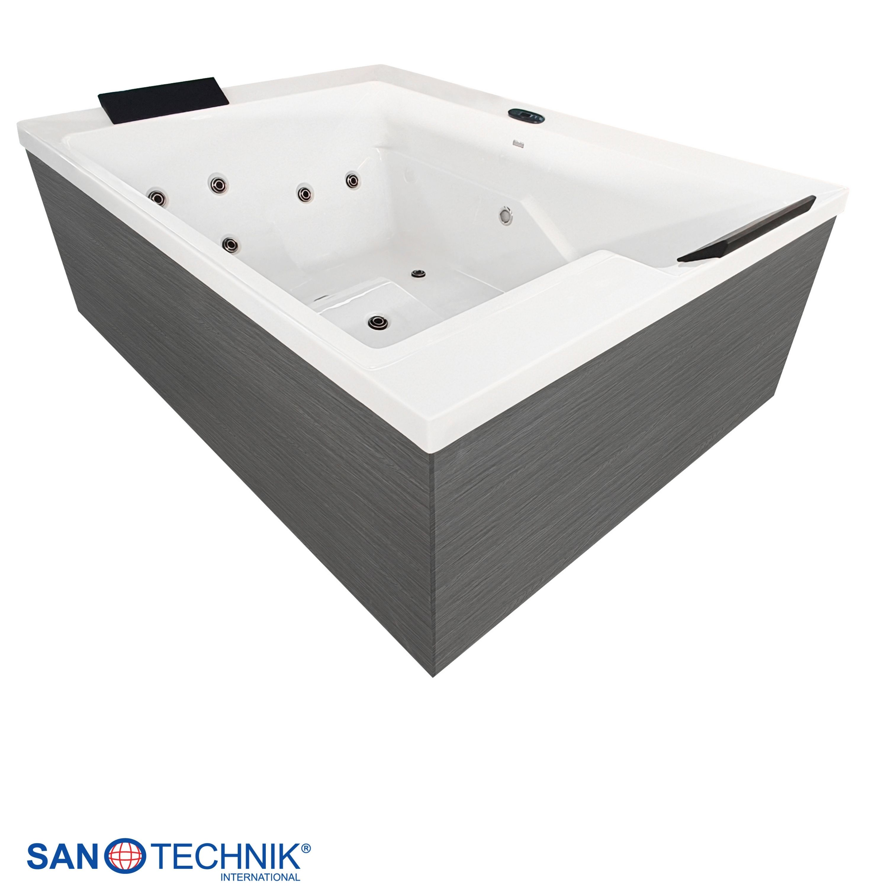 Ein rechteckiger Whirlpool mit weißer Innenseite und dunkler Holzverkleidung.