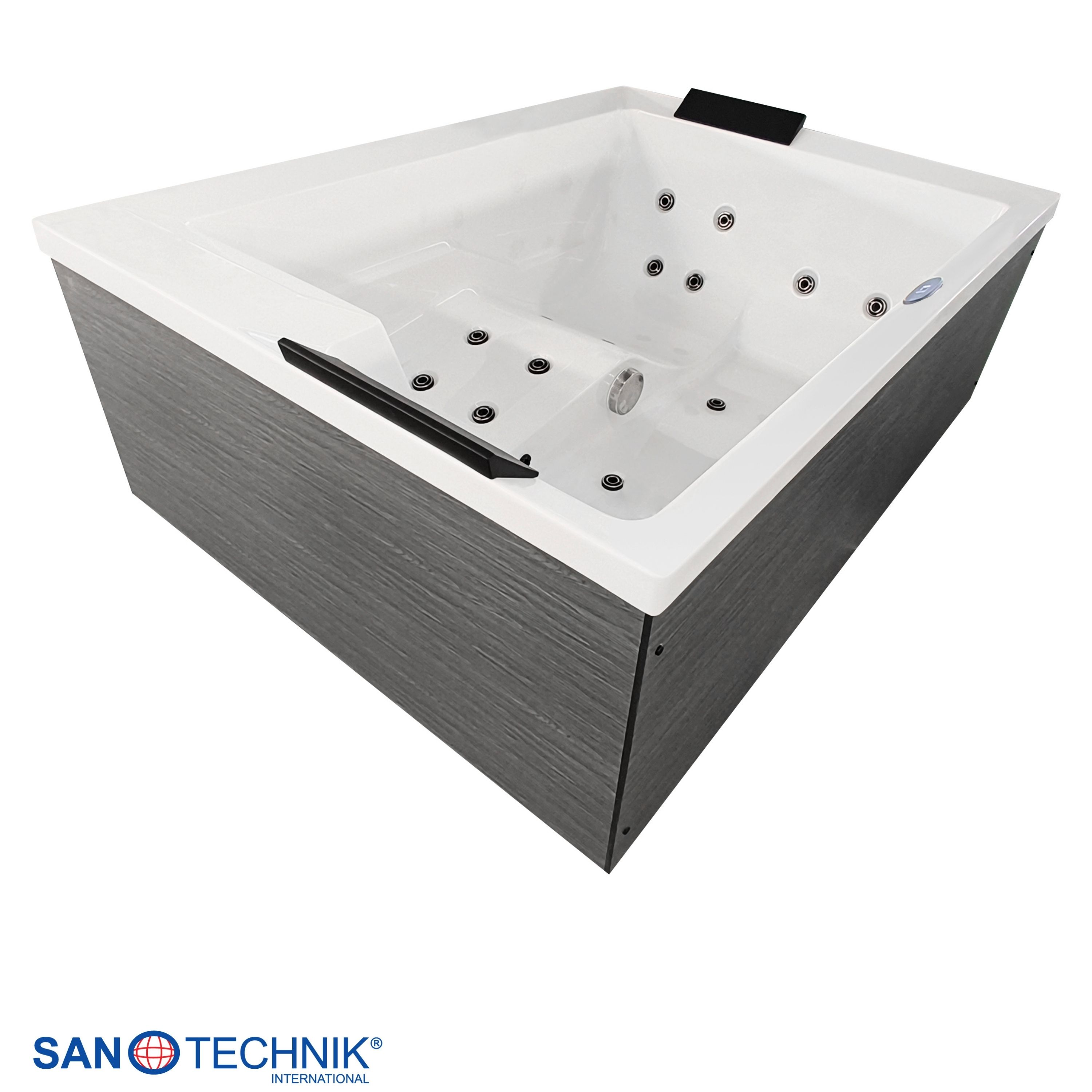 Ein rechteckiger Whirlpool mit weißer Innenseite und grauer Holzmaserung.