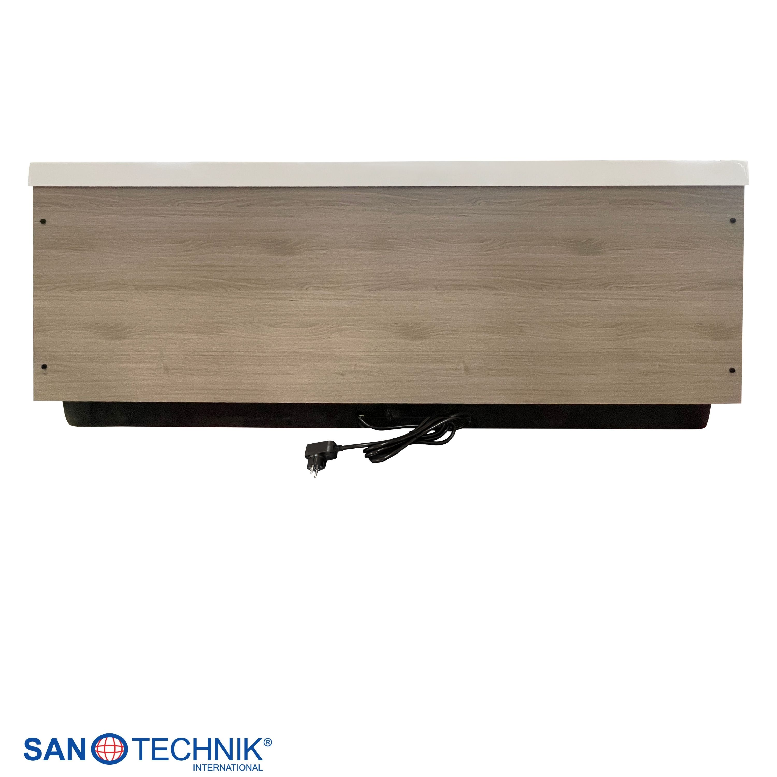 Ein Holzmöbelstück mit einem weißen Oberteil und einem schwarzen Kabel.