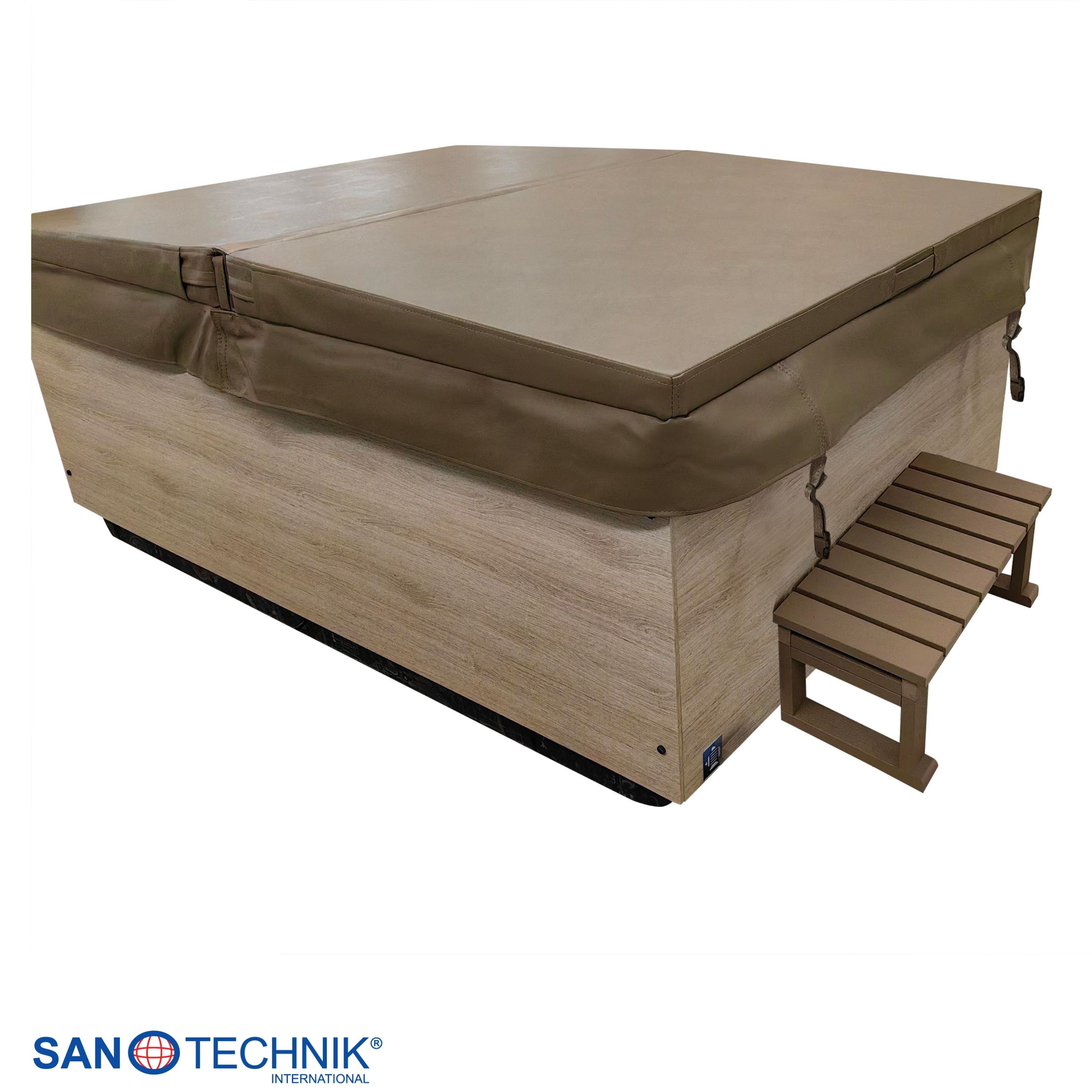 Ein Jacuzzi mit braunem Bezug und Holzverkleidung, daneben eine braune Treppe.