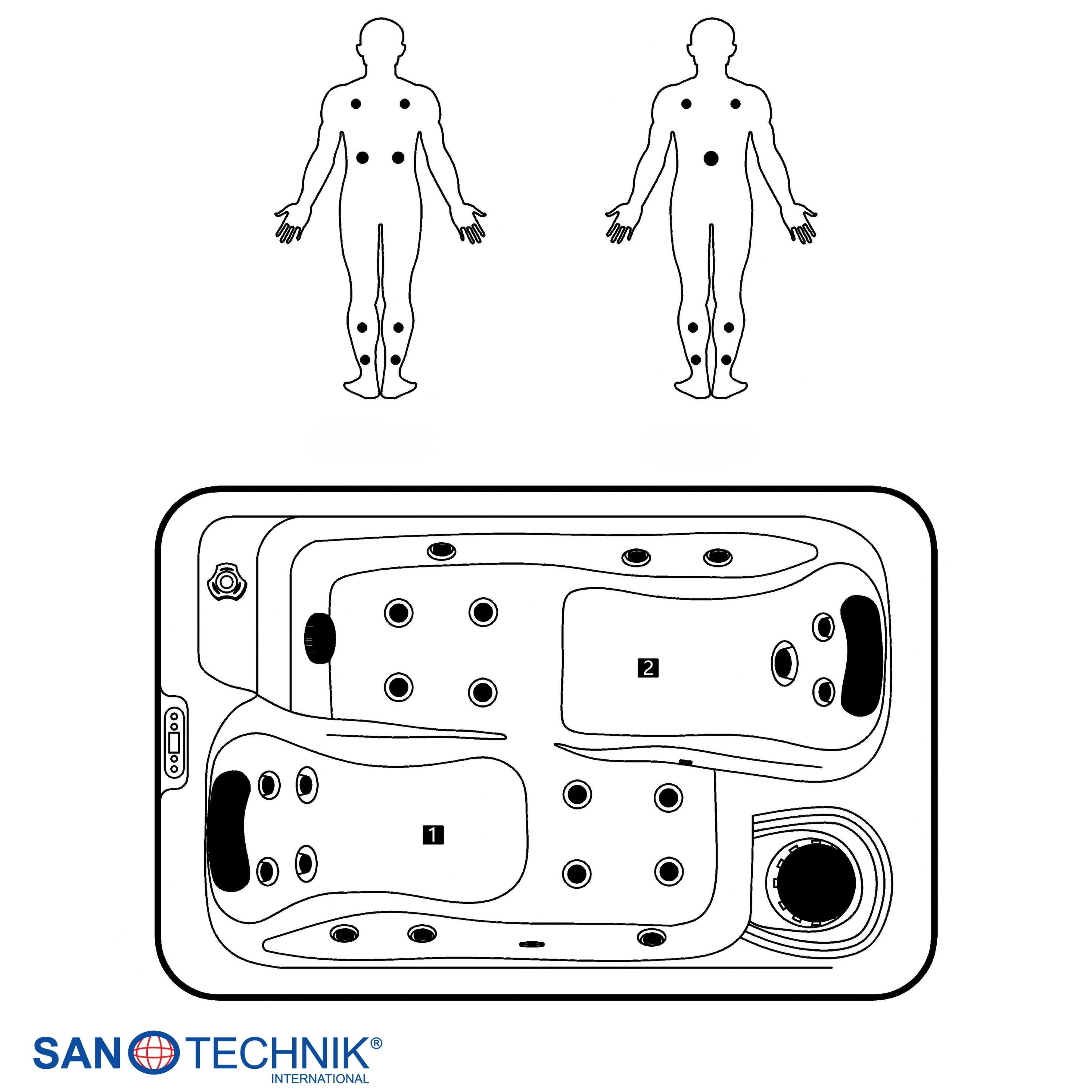 Diagramm zeigt zwei Körper mit schwarzen Punkten und einen Whirlpool.