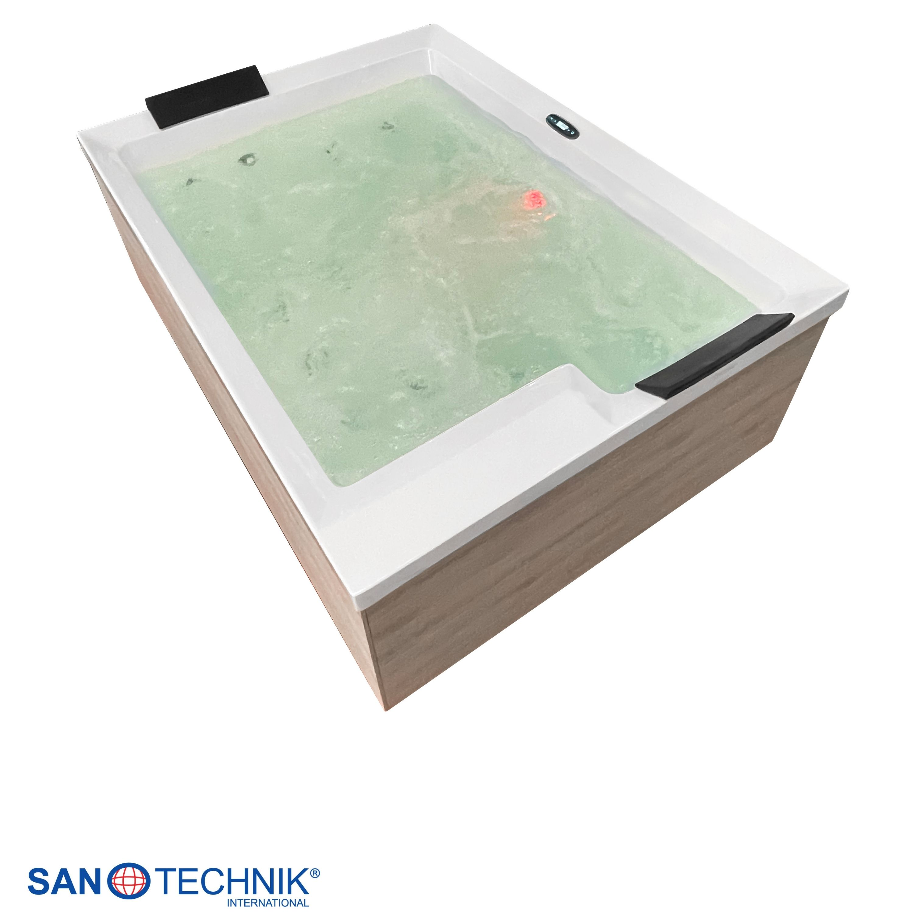 Ein rechteckiger Whirlpool mit hellem Holzdekor und sprudelndem, grünem Wasser.