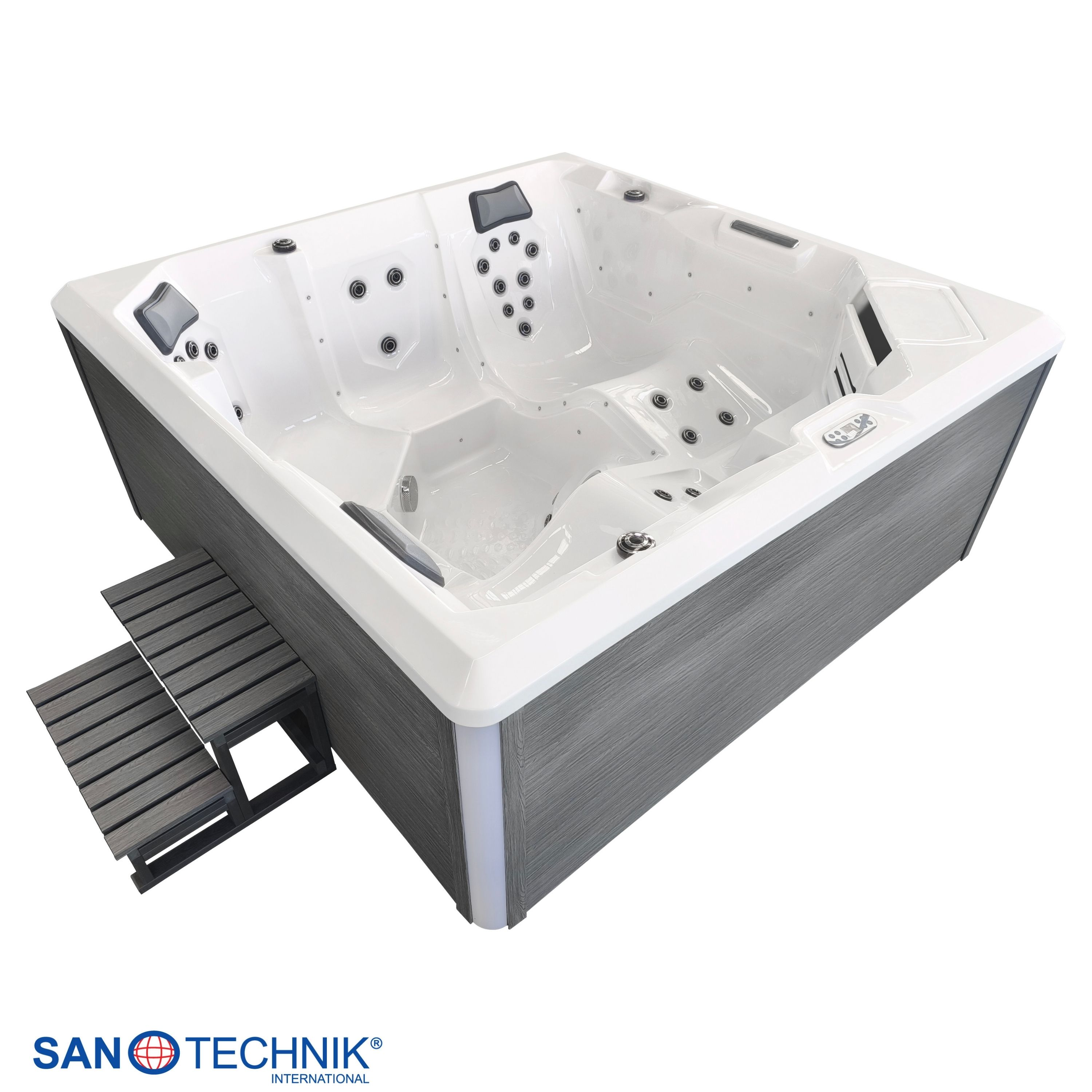 Ein luxuriöses, weißes Eck-Whirlpool mit grauem Holzimitat und Stufen.