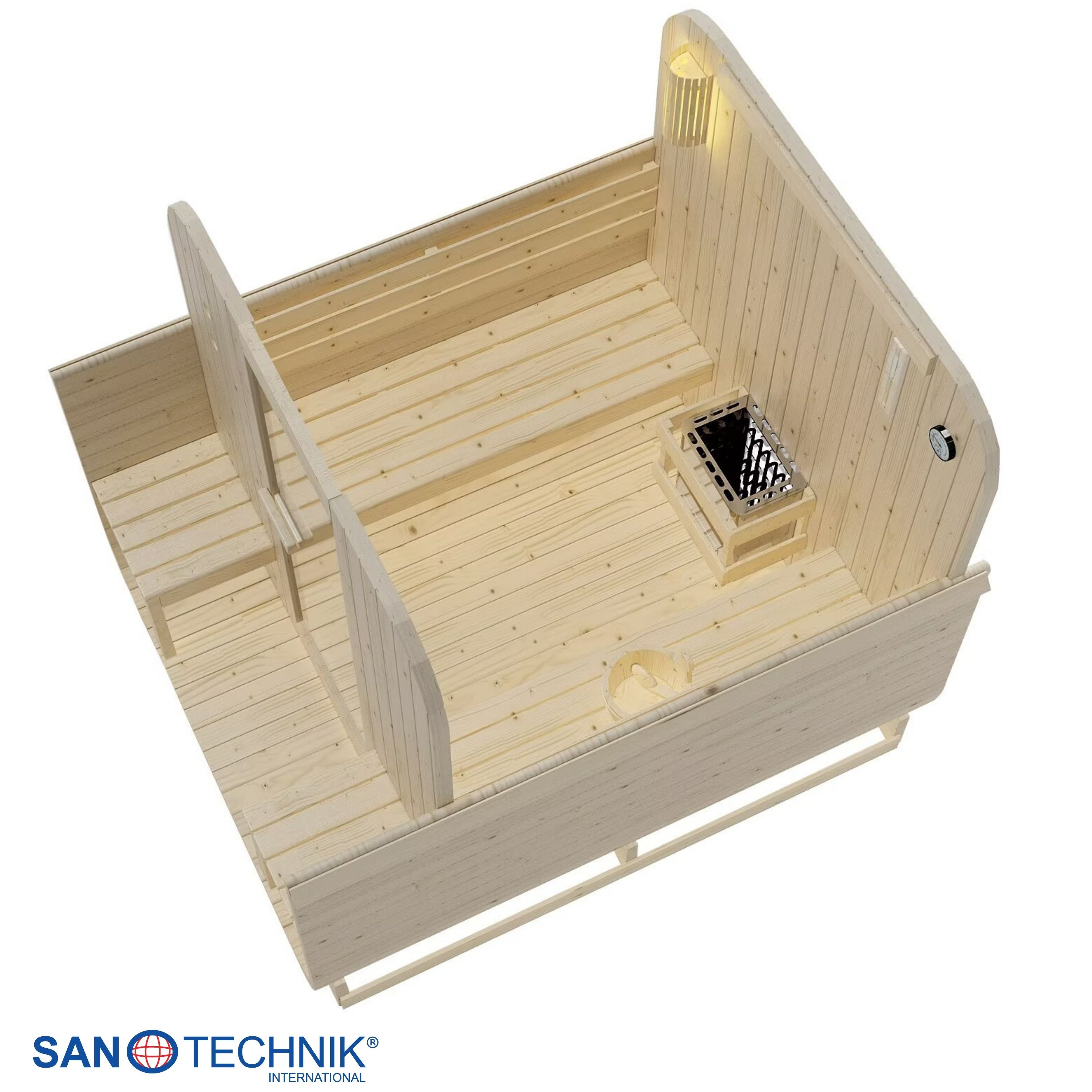 Ein holzverkleideter Saunaraum mit Bänken, einem Ofen und einem Thermometer.