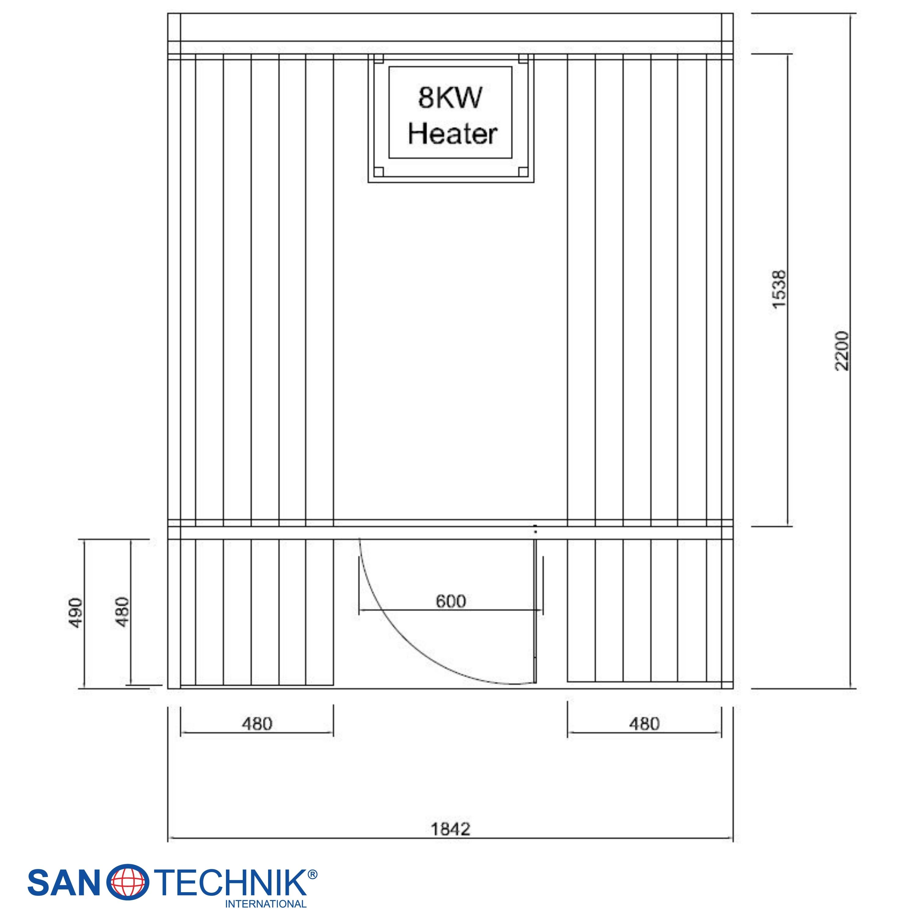 Grundriss einer Sauna mit 8-kW-Heizung, Tür und Maßen.