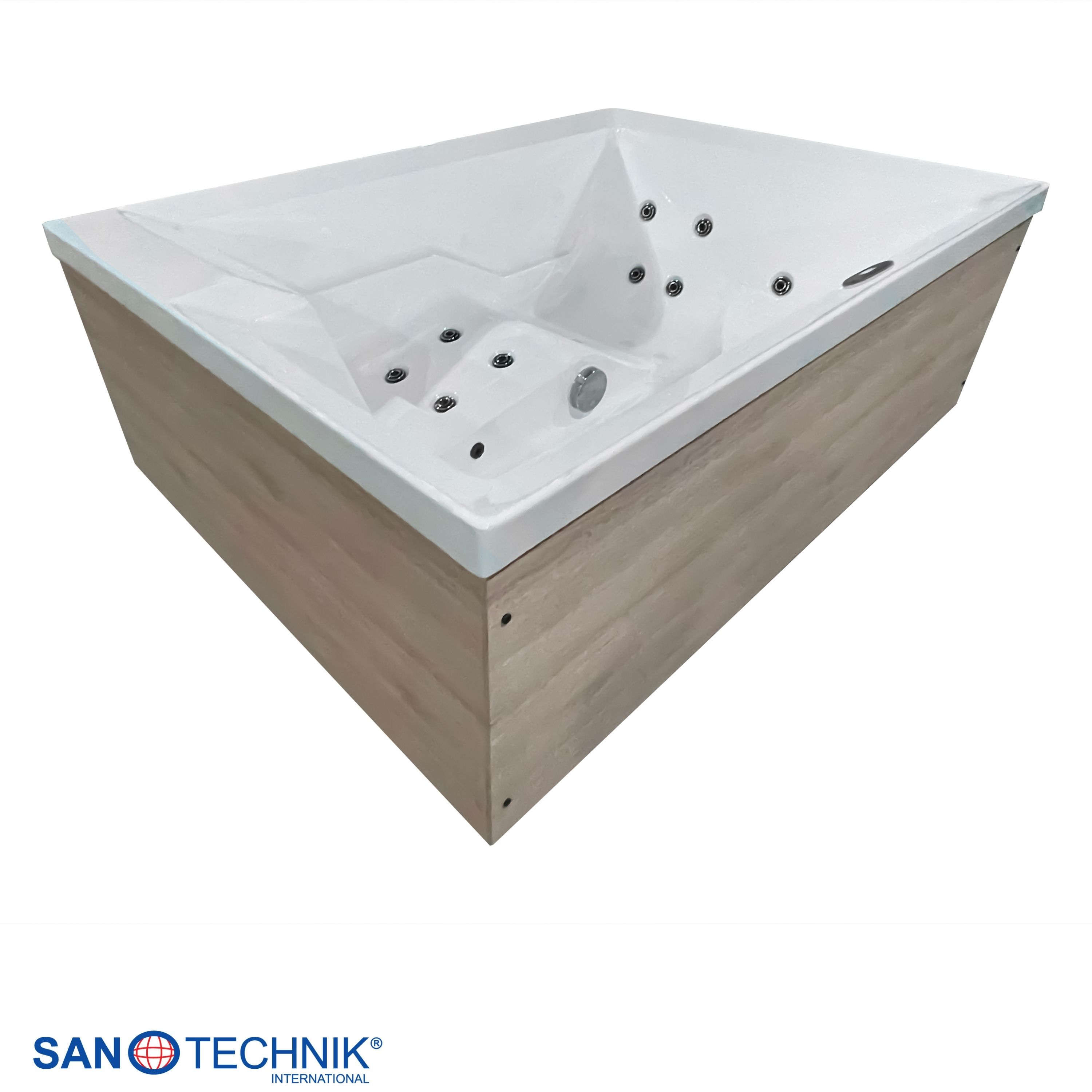 Ein rechteckiger Whirlpool mit hellem Holzverkleidung und weißem Innenraum.