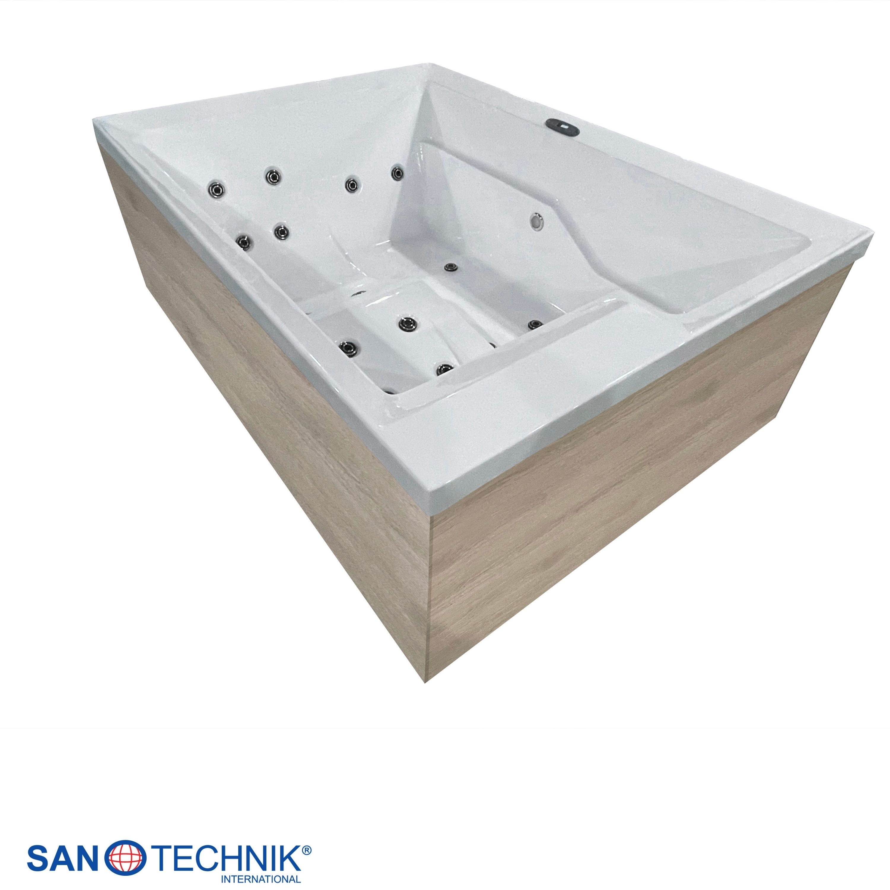 Ein weißer Whirlpool mit Holzverkleidung und Düsen.