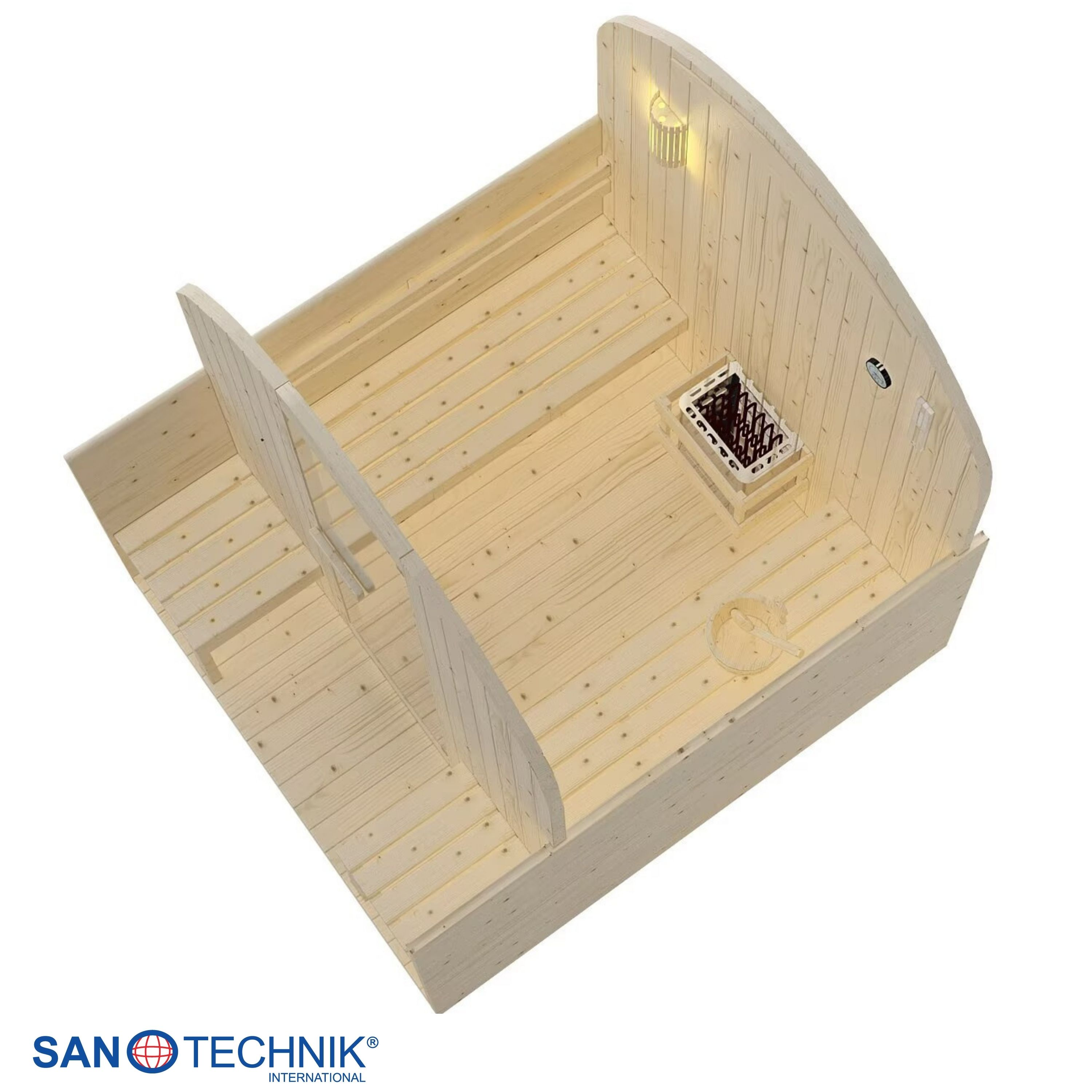 Holzsauna mit Bänken, Ofen, Lampe und Eimer. Innenansicht.