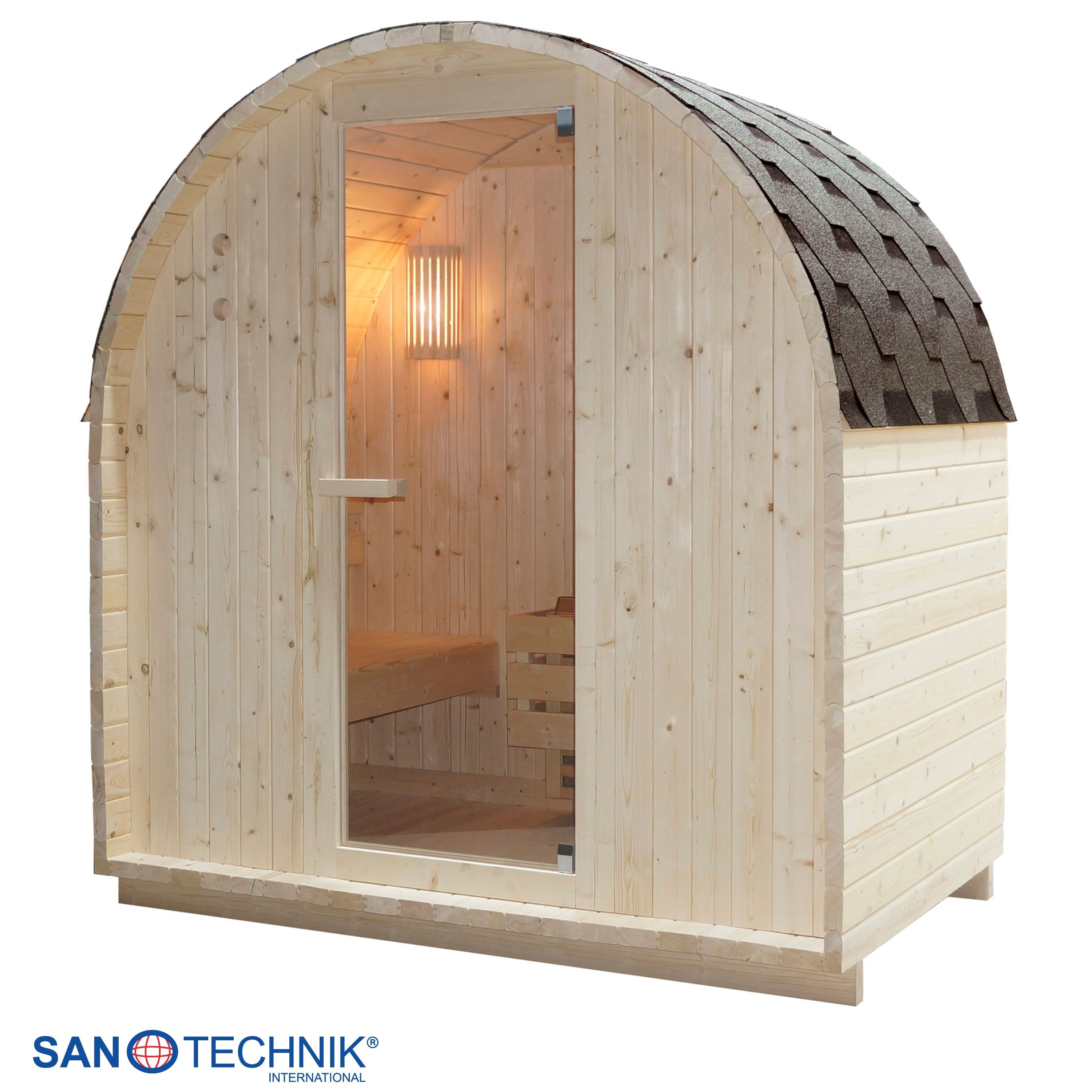 Holzsauna mit Glaseingang und dunklem Schindeldach.