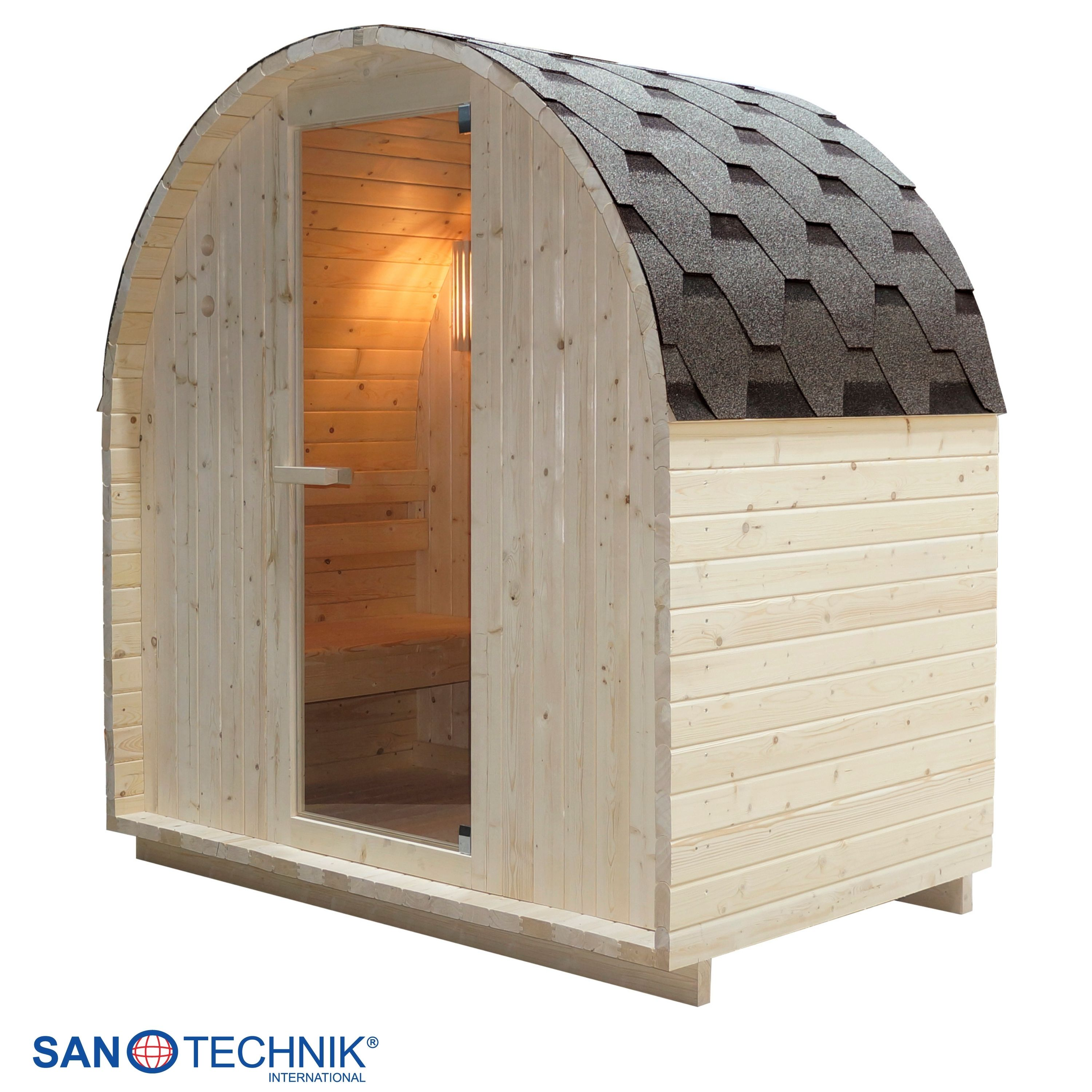 Holzfass-Sauna mit Glastür und Schindeldach.