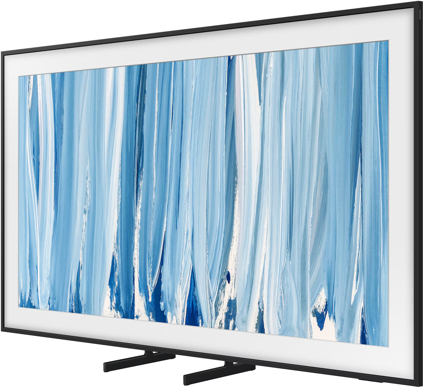 Elegáns fekete televízió absztrakt kék és fehér műalkotással.