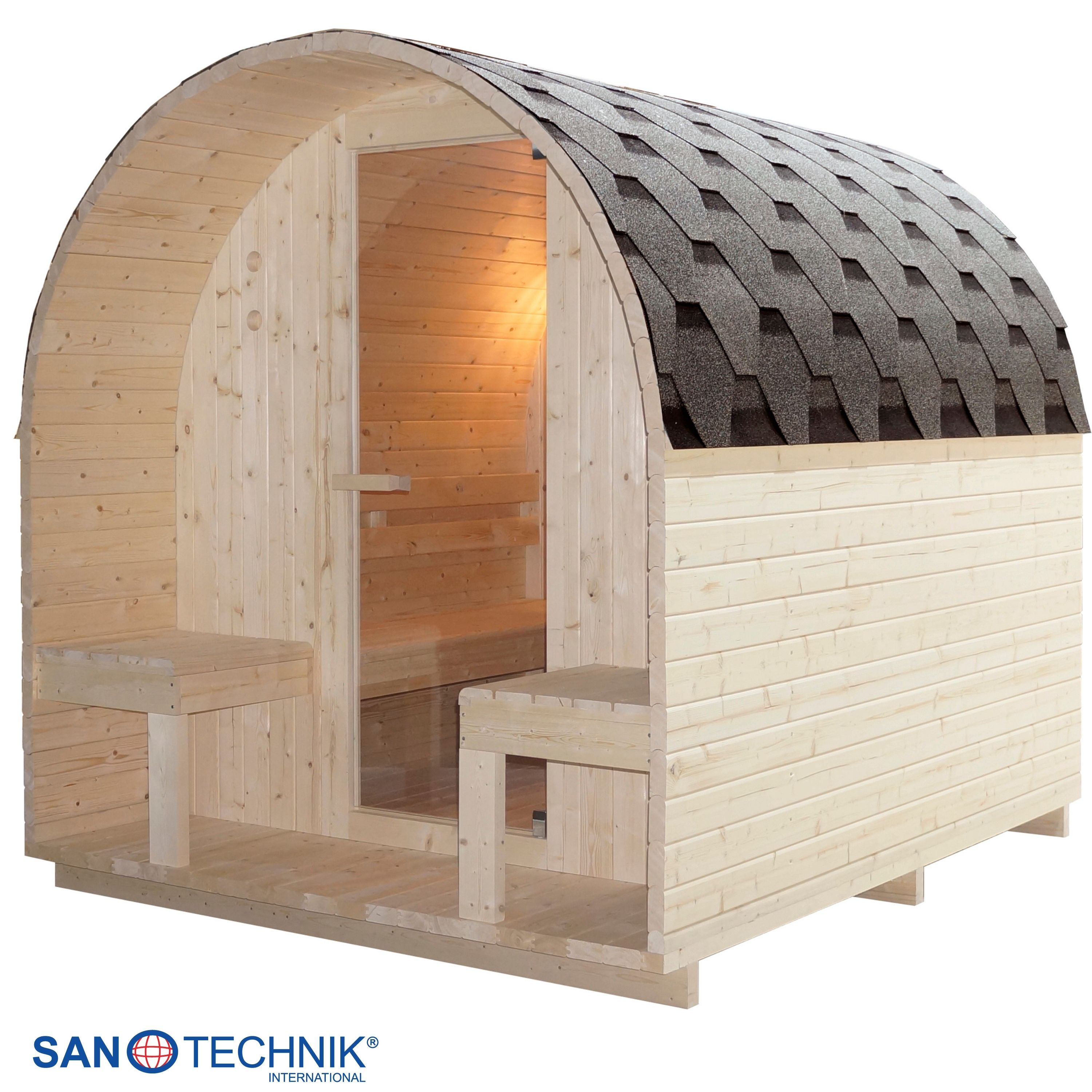 Holzsauna mit Glaseingang, Sitzbänken und dunklem Schindeldach.