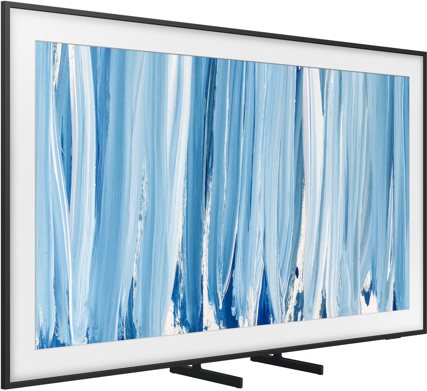 Egy modern TV absztrakt kék és fehér ecsetvonásos műalkotással.