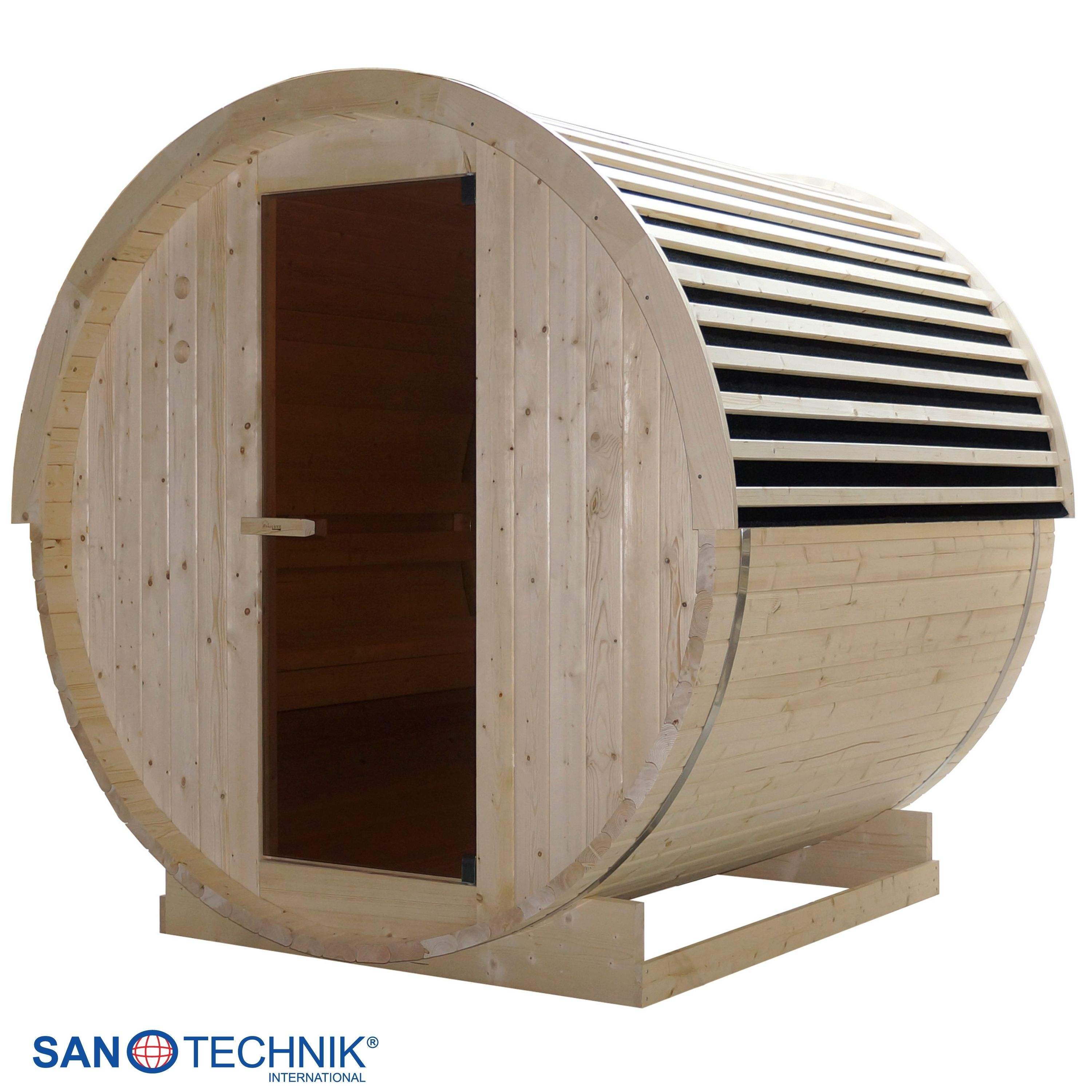Holzfass-Sauna mit Glastür und Lüftungsschlitzen auf einem Holzsockel.