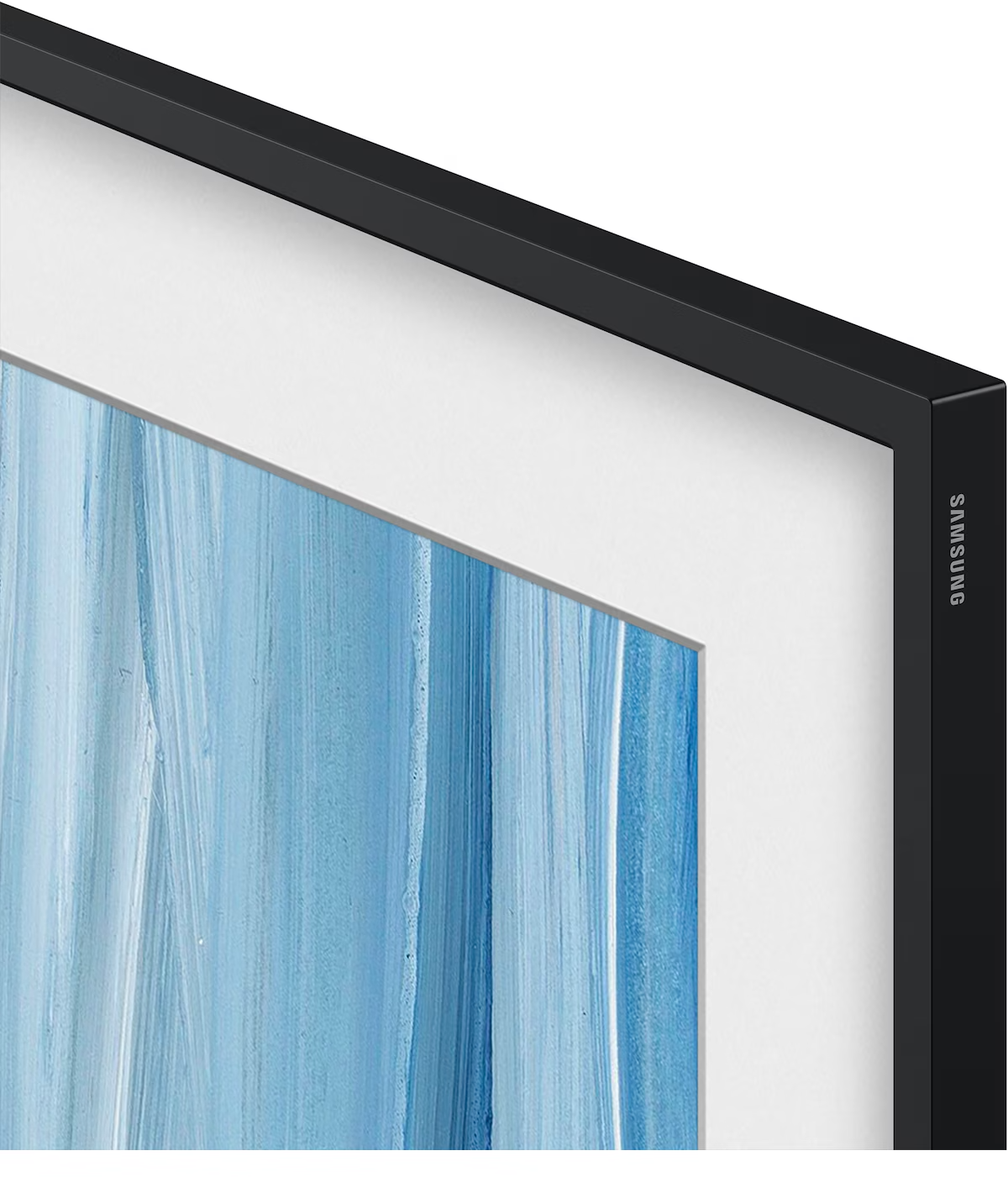 Fekete Samsung keret vesz körül kék és fehér csíkokból álló absztrakt festményt.