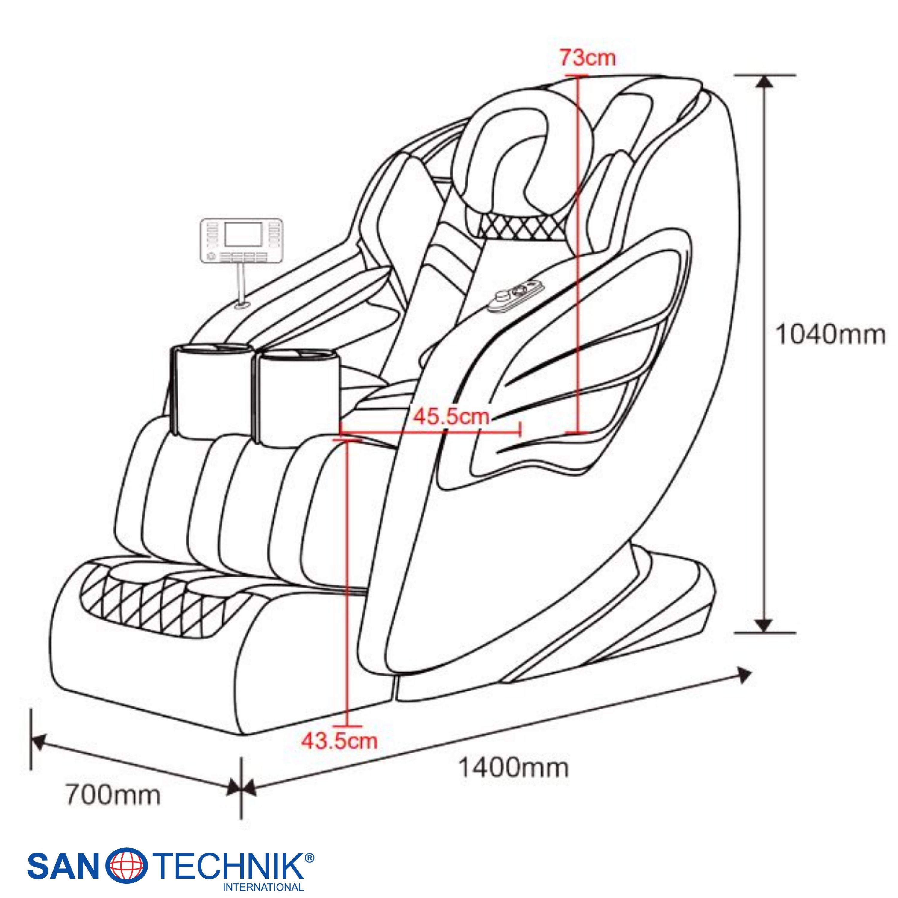 Technische Zeichnung eines Massagesessels mit Maßen: 700mm, 1400mm, 1040mm Höhe, 43,5cm und 73cm.