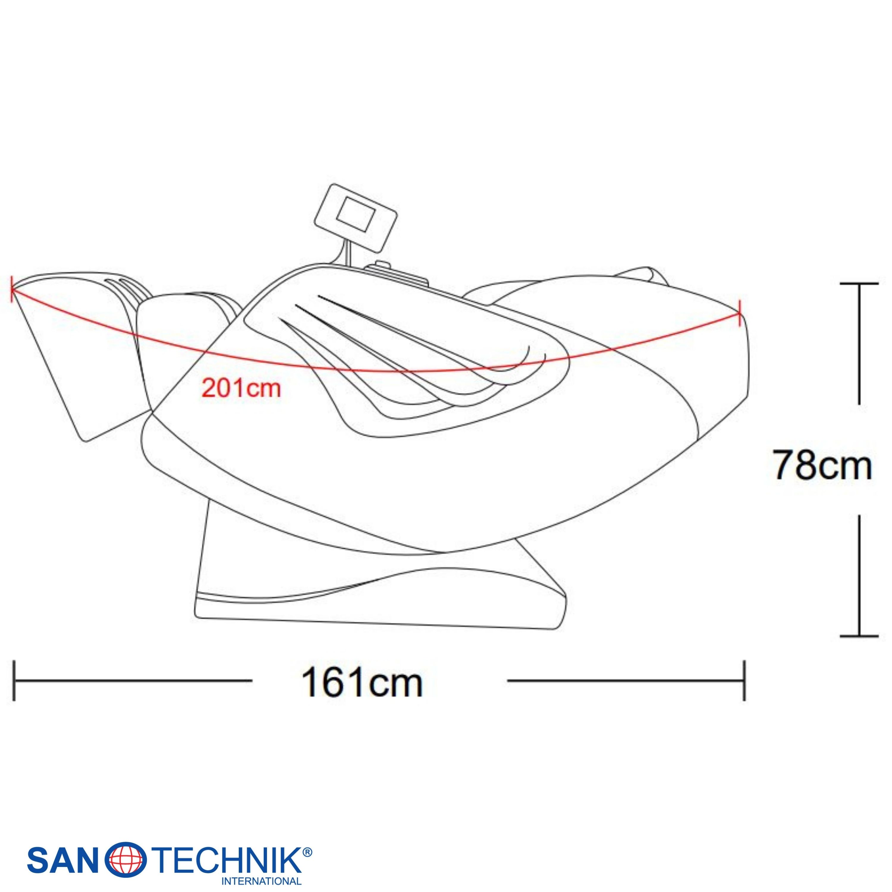 Eine schematische Zeichnung eines Massagesessels mit Maßen: 201cm Länge, 161cm Breite, 78cm Höhe.