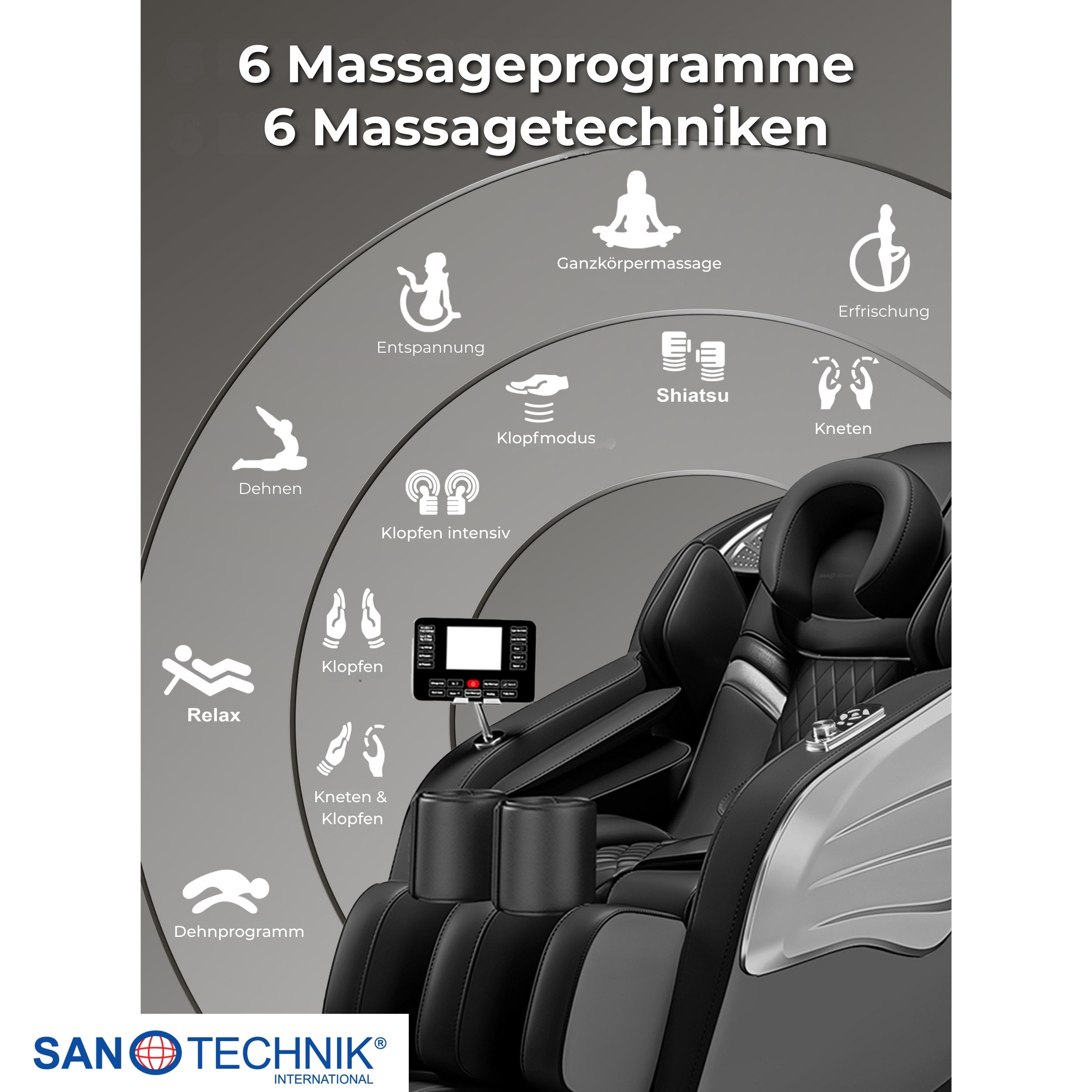 Massagechair mit Anzeige 6 Massageprogramme und 6 Massagetechniken.