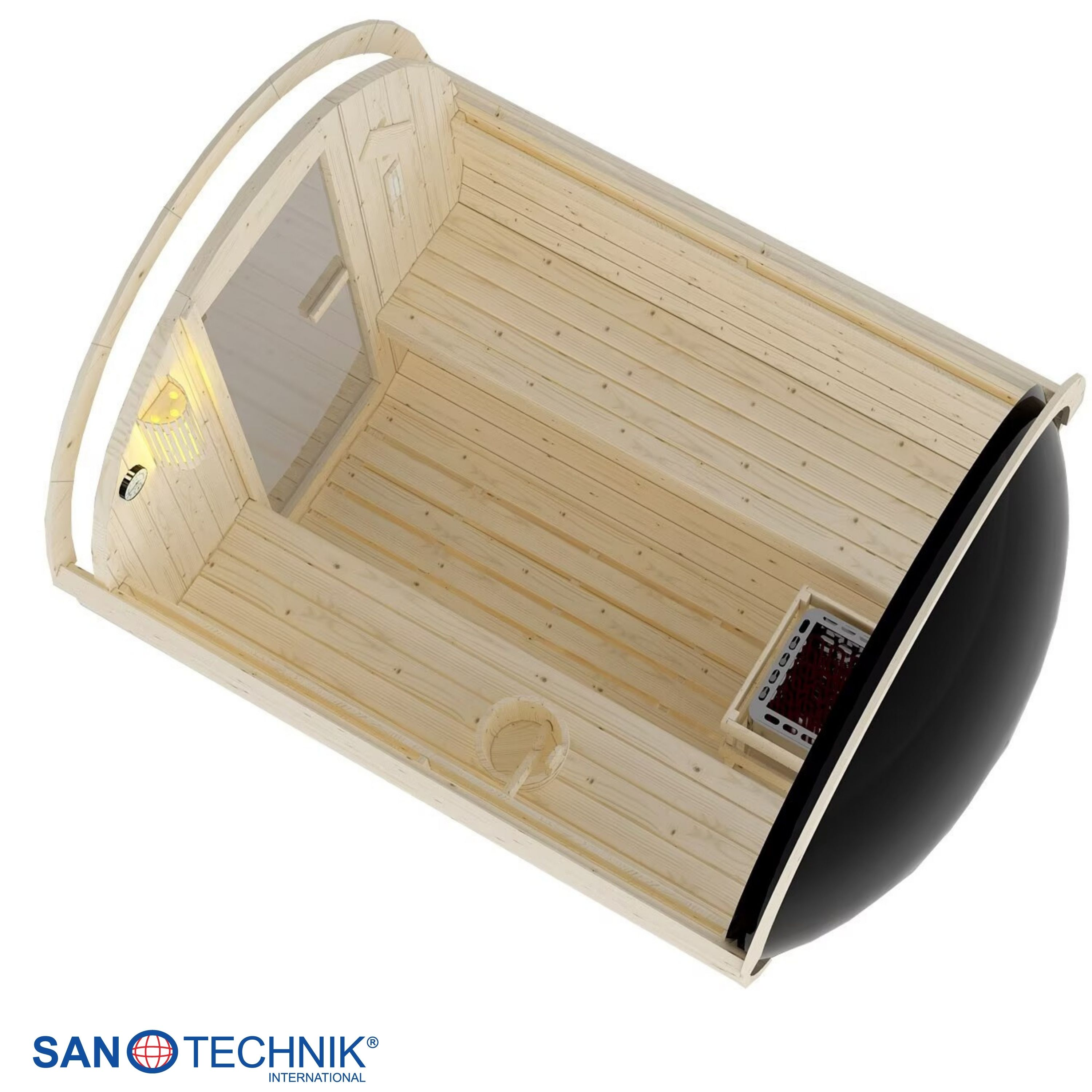 Holzsauna mit schwarzem Außendesign, Heizung, Eimer und Lampe.