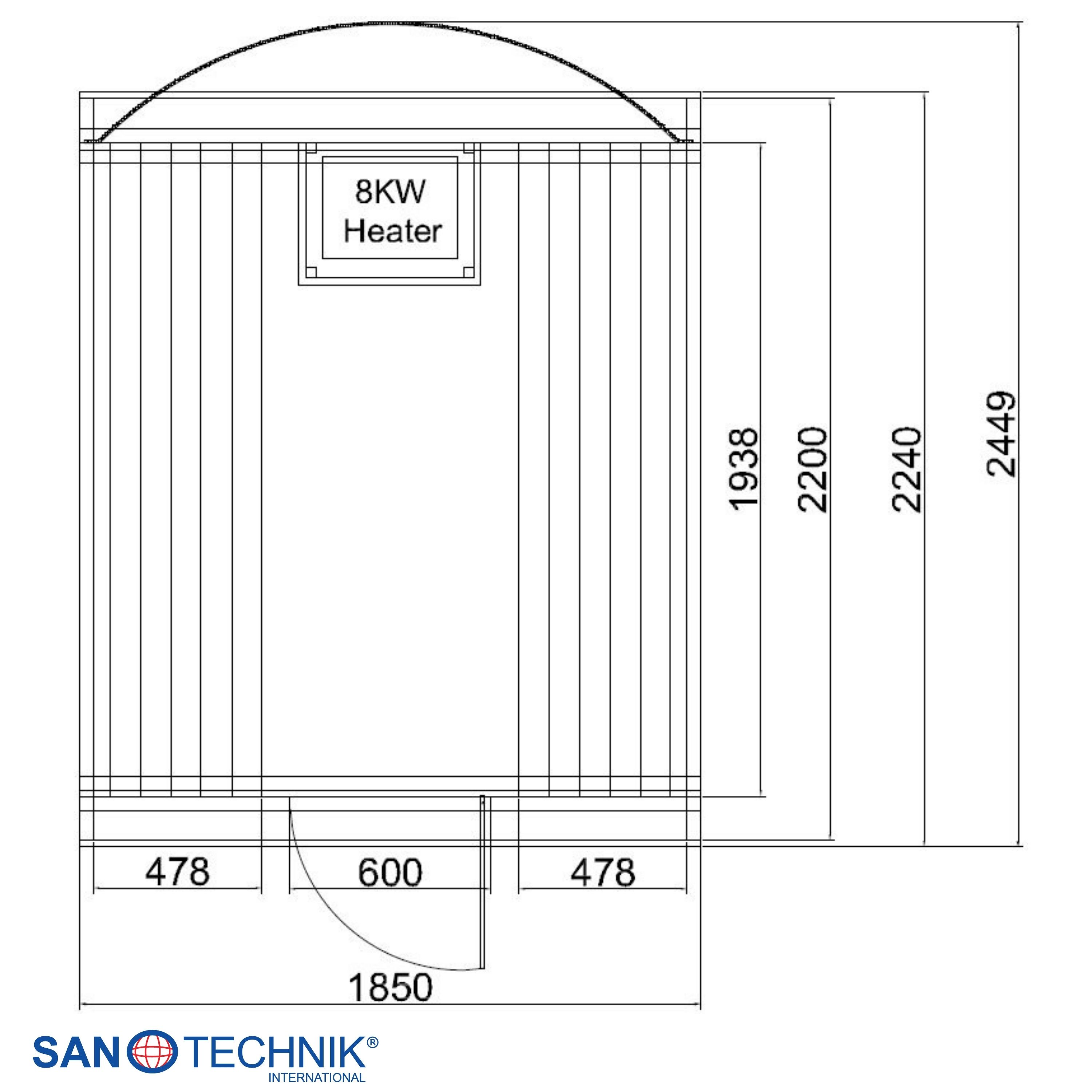 Grundriss einer Sauna mit 8KW Heizung, Tür und Maßen.