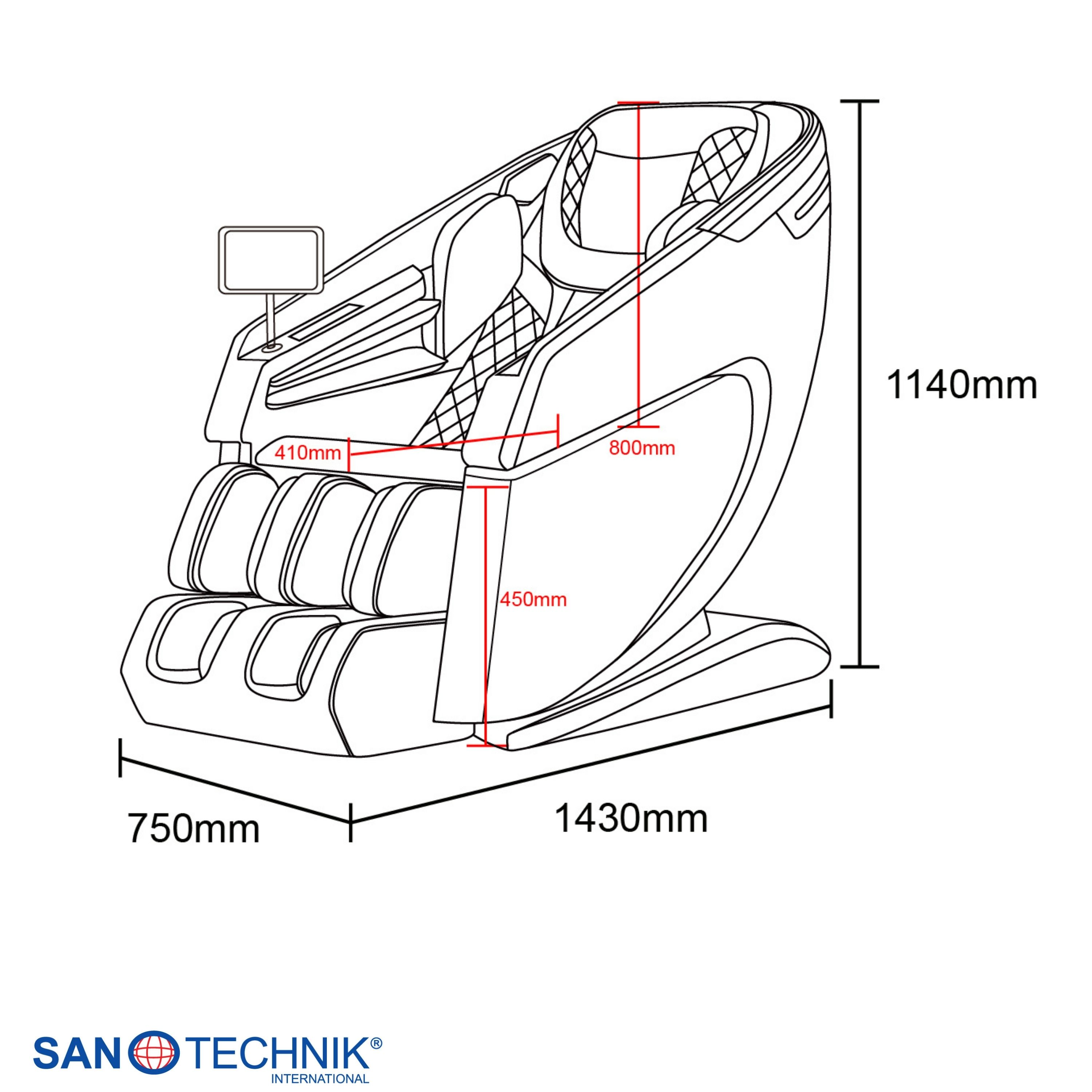 Technische Zeichnung eines Massagesessels mit Maßen. Sitzbreite 750mm, Höhe 1140mm.