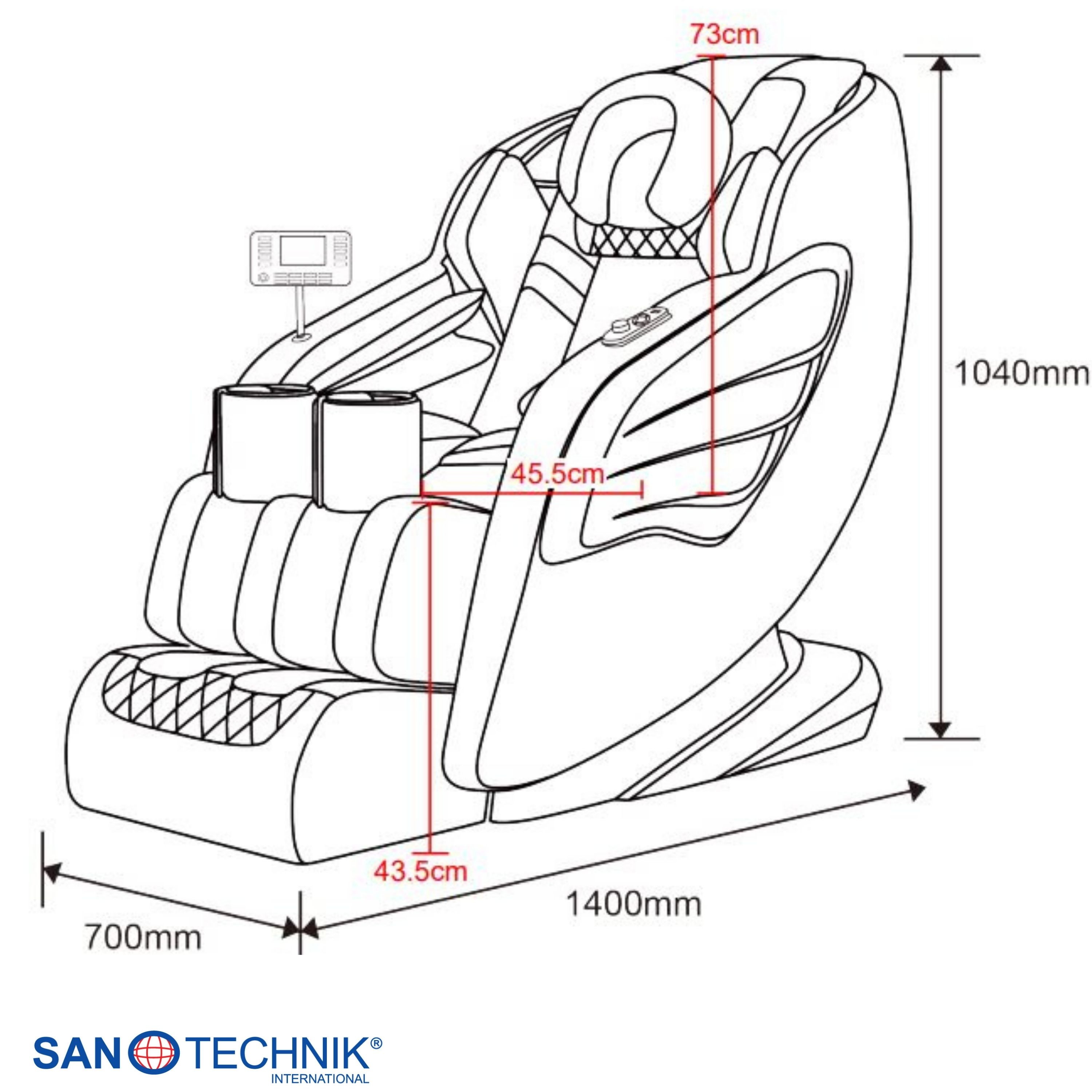 Eine schematische Zeichnung eines Massagesessels mit Maßen in cm und mm.