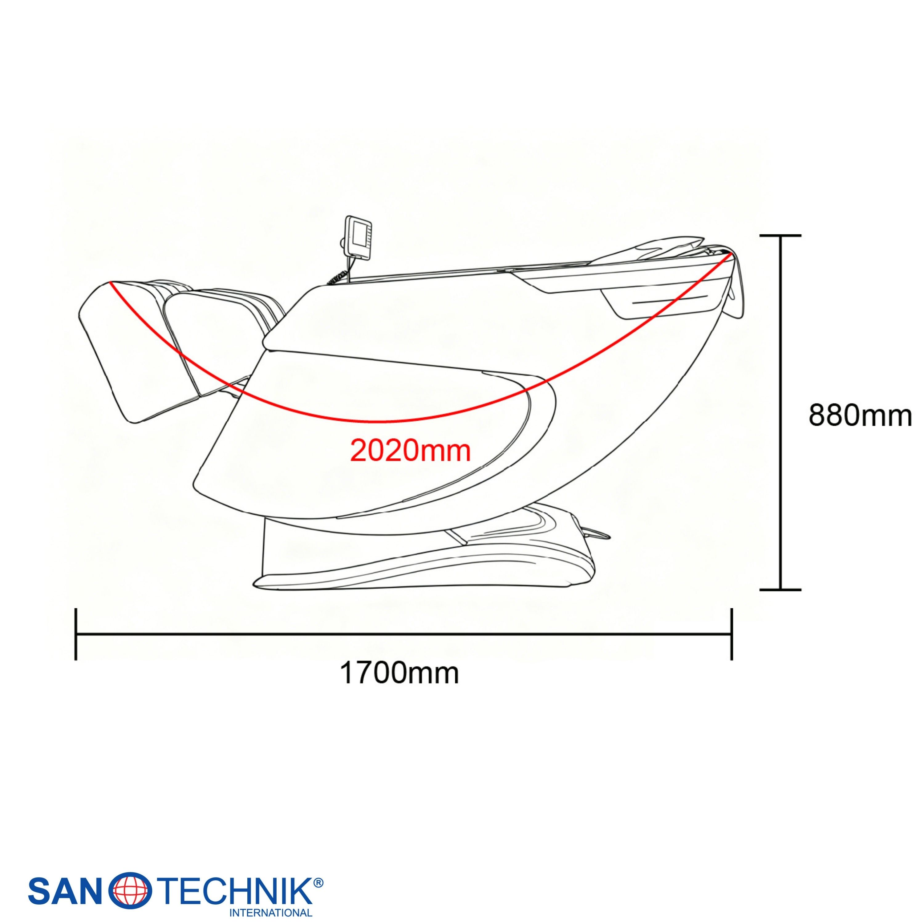 Technische Zeichnung eines Massagesessels mit Maßen 1700mm und 880mm.