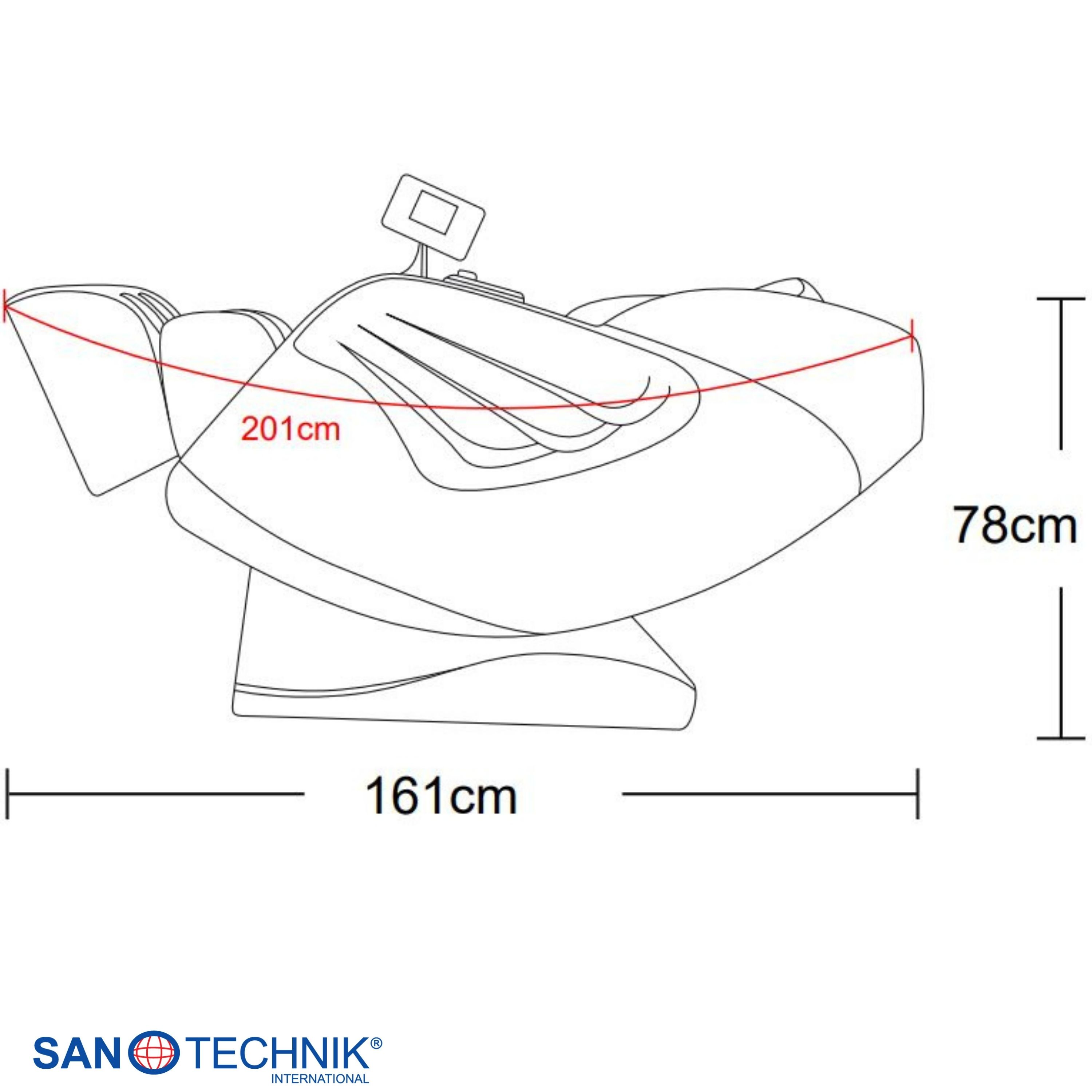Technische Zeichnung eines Massagesessels mit Maßen 201cm, 161cm und 78cm.