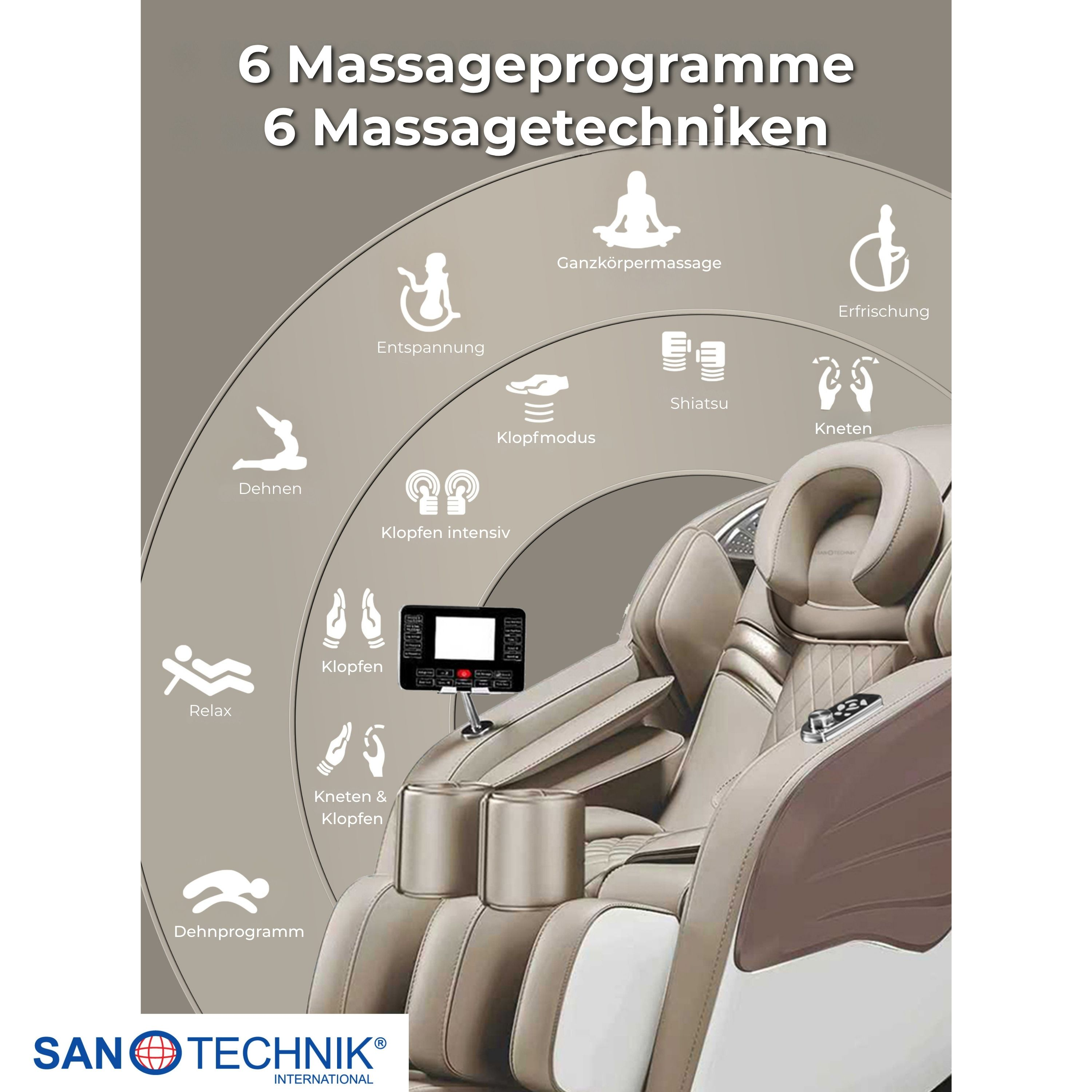 Massagegerät mit verschiedenen Programmen: Ganzkörpermassage, Entspannung, Klopfmodus, Shiatsu, Kneten, Erfrischung, Dehnen, Klopfen, Relax.