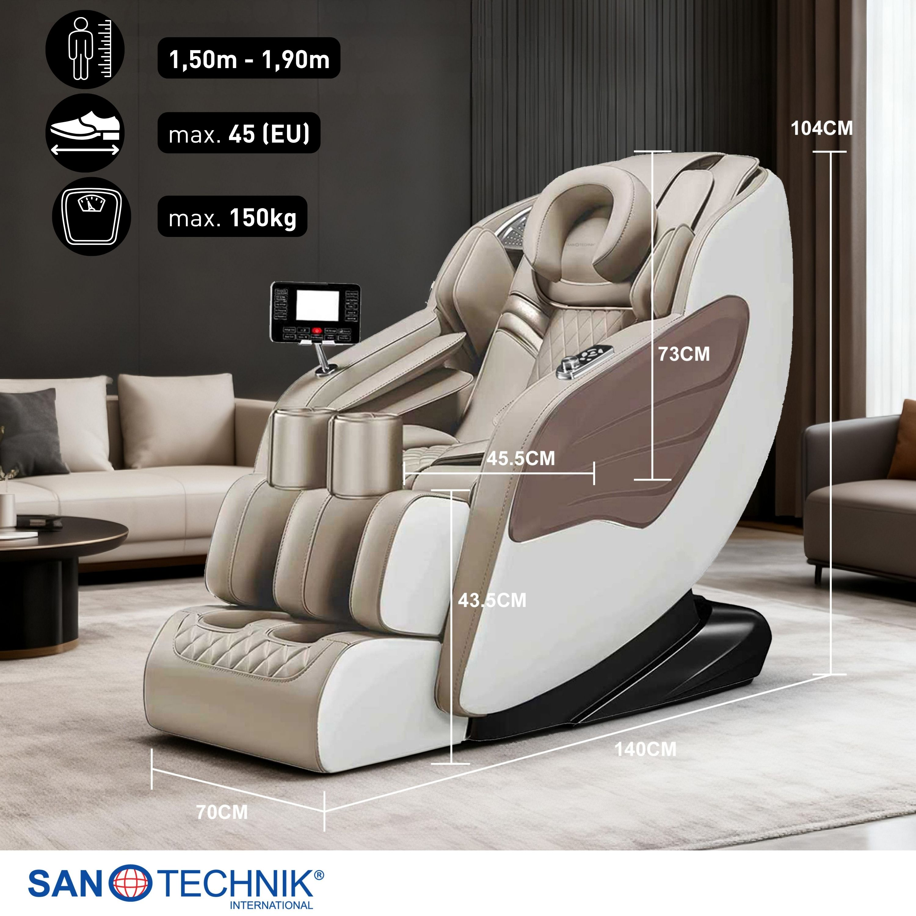 Ein beiger Massagesessel mit Maßen und Logos. Geeignet für 1,50-1,90m, max. 45 Schuhgröße, 150kg.