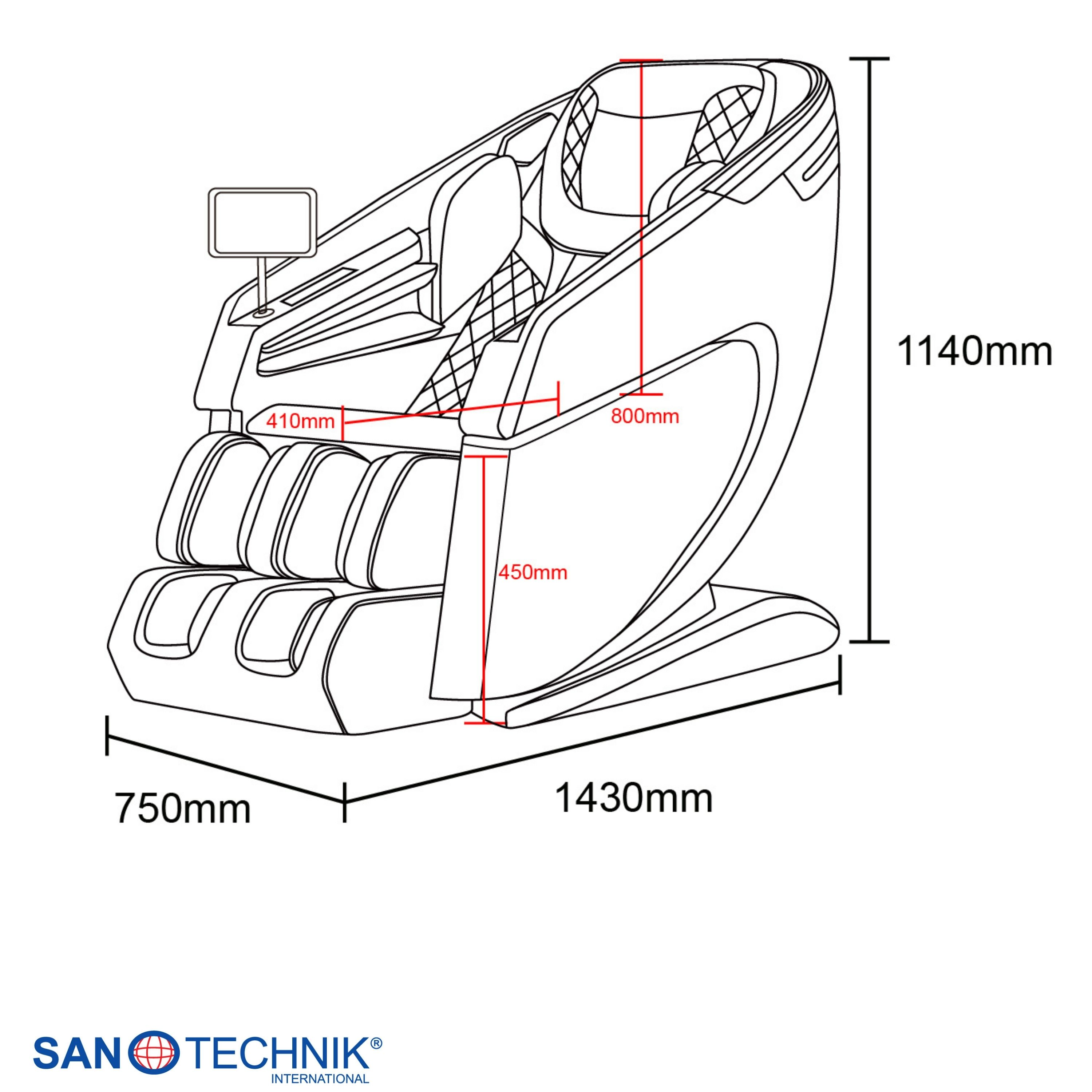 Technische Zeichnung eines Massagesessels mit Maßen: 1140mm, 800mm, 450mm, 750mm, 1430mm.