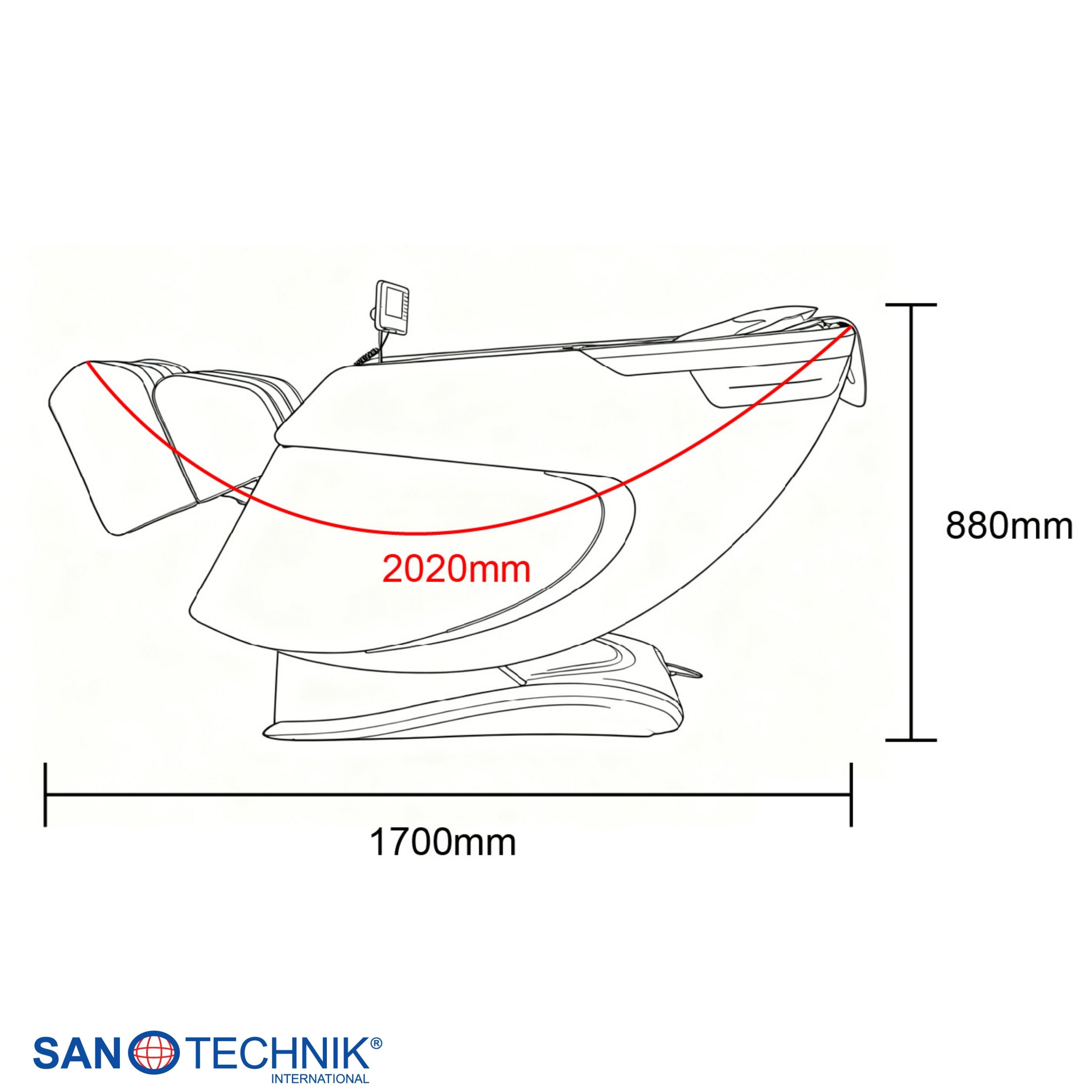 Zeichnung eines Massagesessels mit Maßen 1700mm, 2020mm, 880mm.
